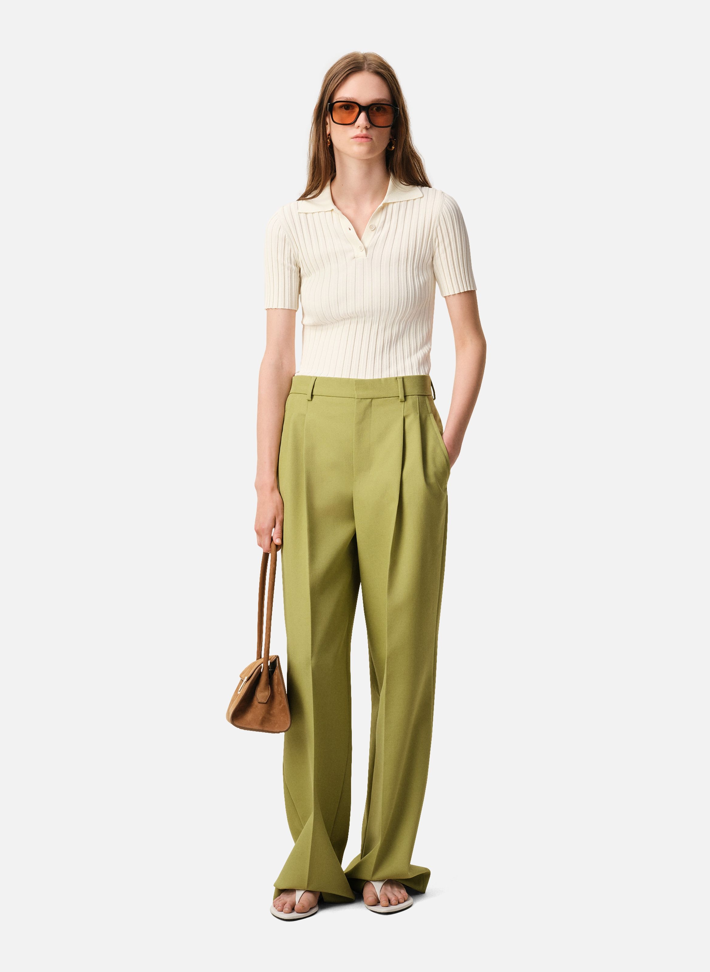 Pantalon large taille basse en laine vierge AMI PARIS Vert