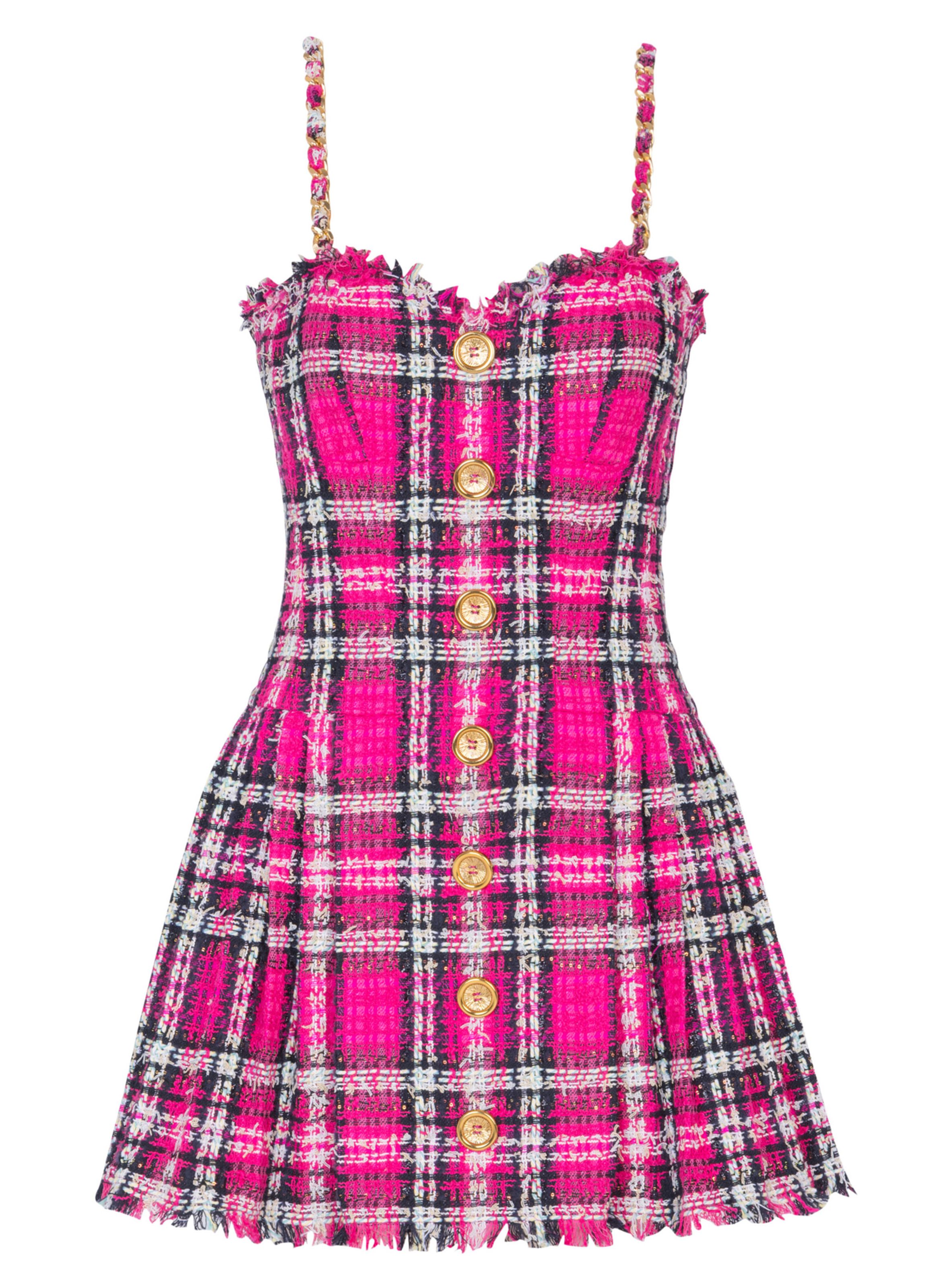 Robe en tartan à bretelles en chaîne BALMAIN Rose