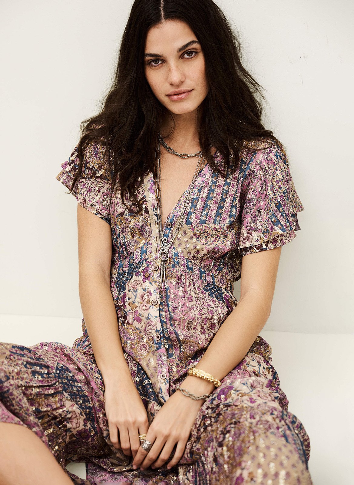 Robe longue col v imprimée pareta BA&SH Rose