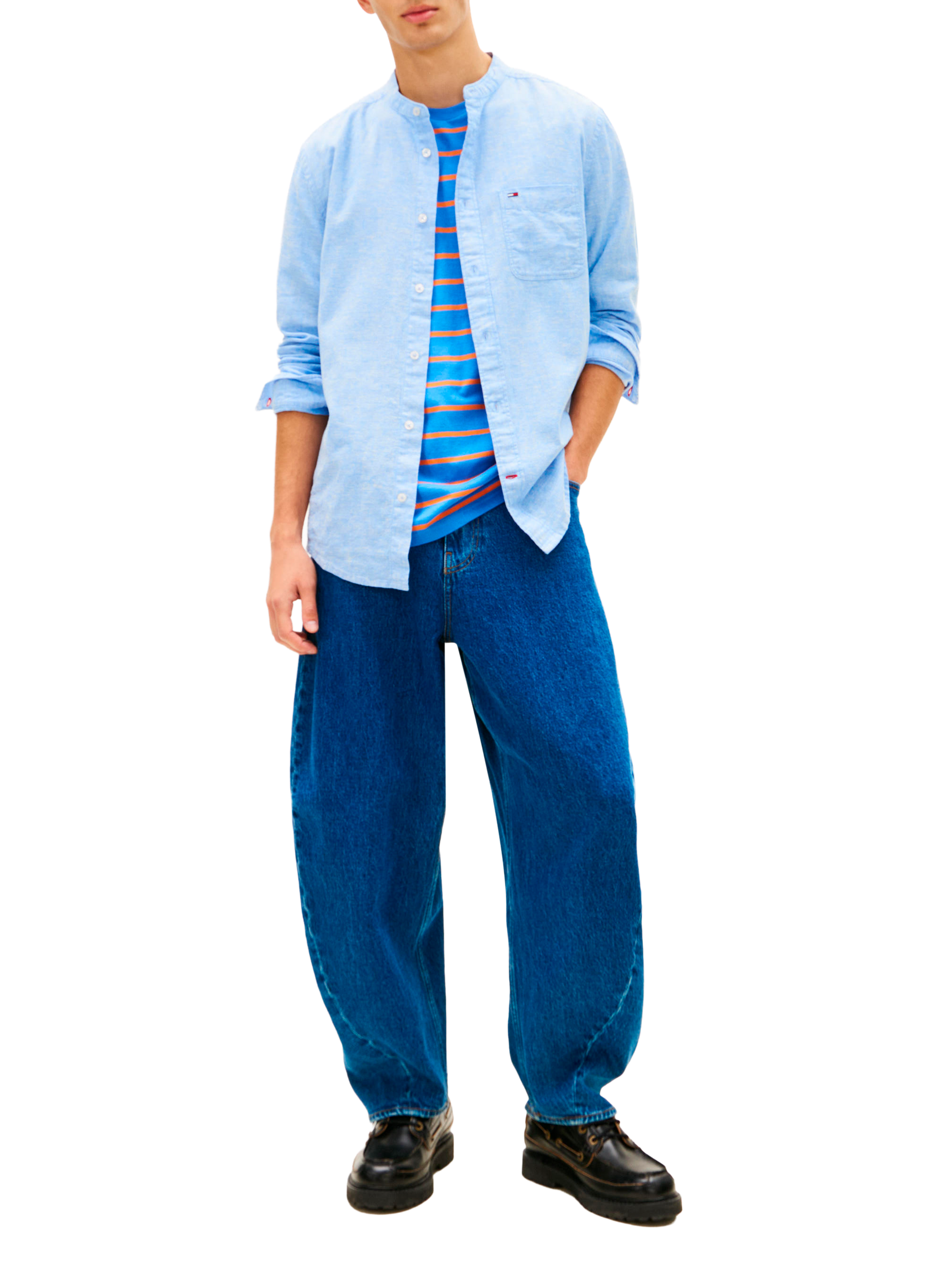 Shirt with a mandarin collar in linen and cotton TOMMY HILFIGER Blue