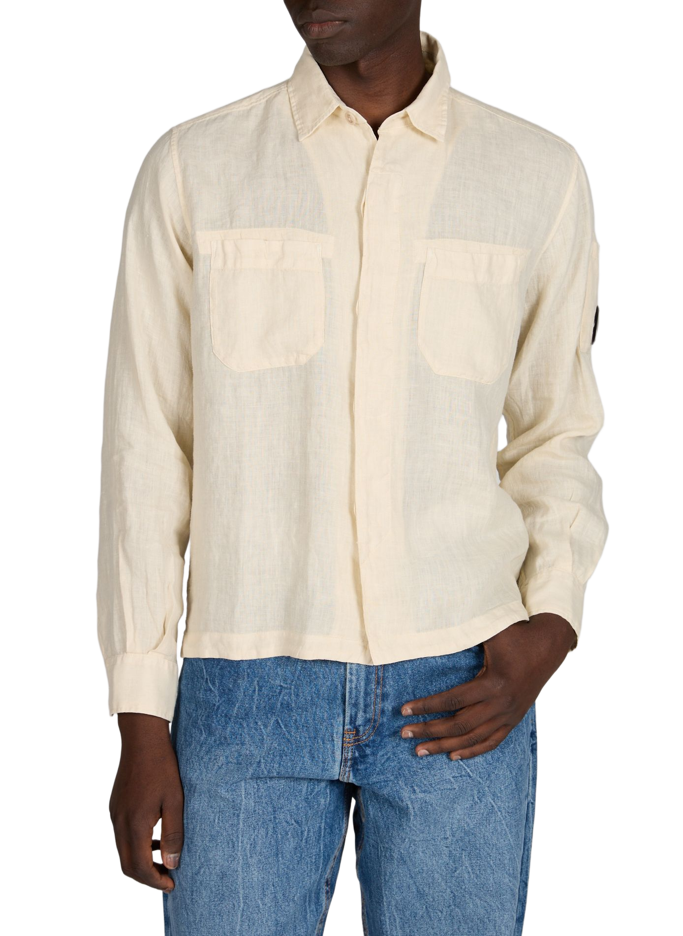 Chemise unie avec empiècement logo sur la manche en lin CP COMPANY Beige