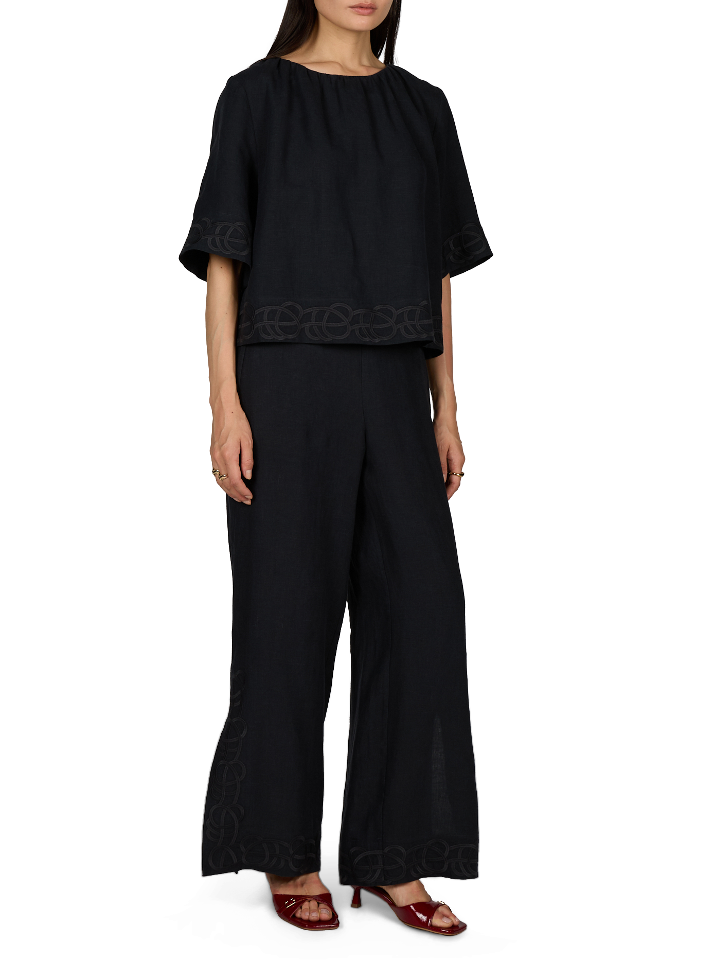 Wide leg linen embroidered pants BY MALENE BIRGER Black