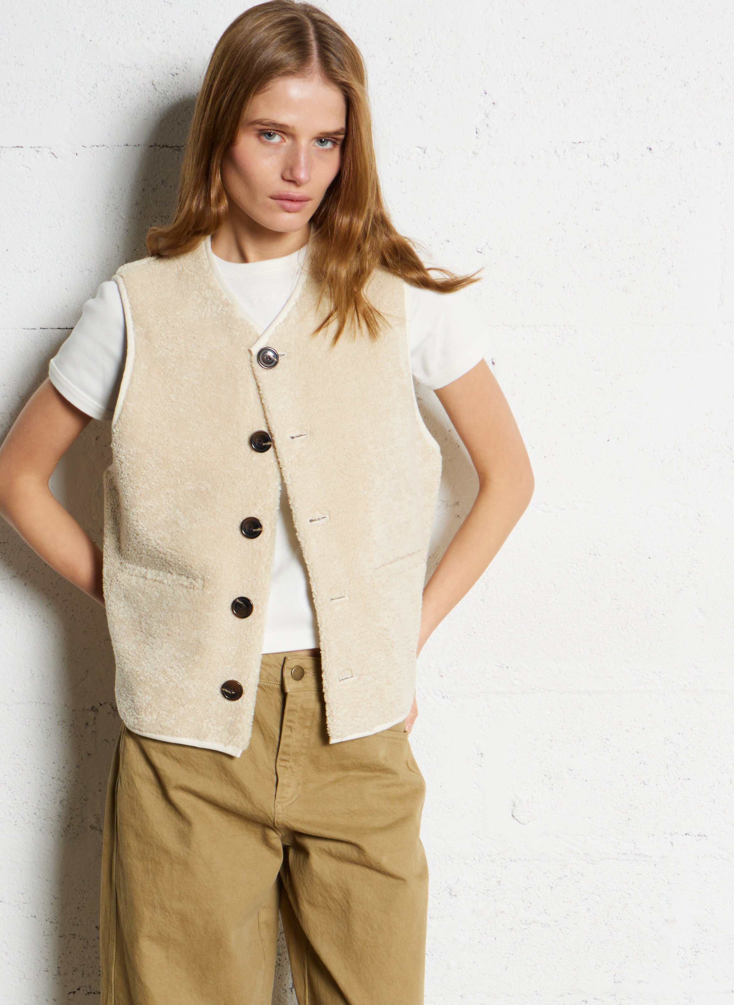 Gilet sans manches aspect mouton fusil SOEUR Beige