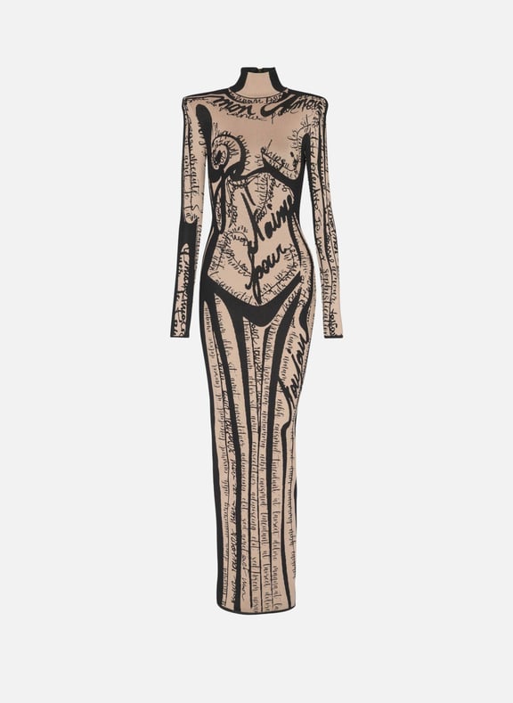 Robe longue en maille à motif trompe-lœil corps Beige by BALMAIN BALMAIN Robe longue en maille à motif trompe-lœil corps Beige