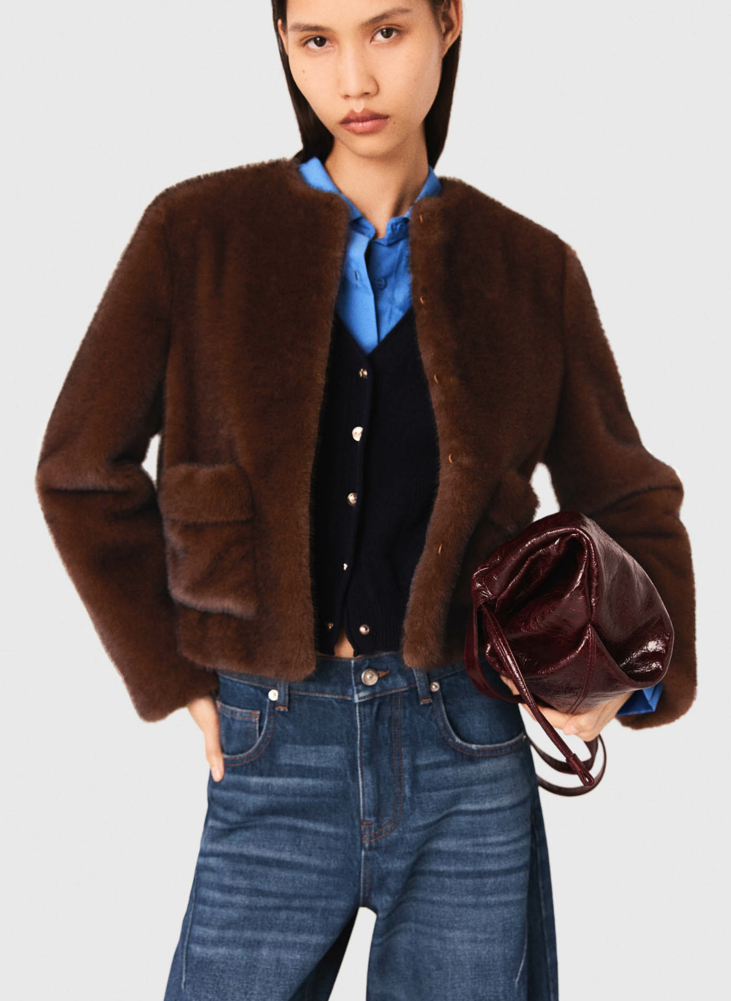 Veste col rond effet fourrure MAJE Marron