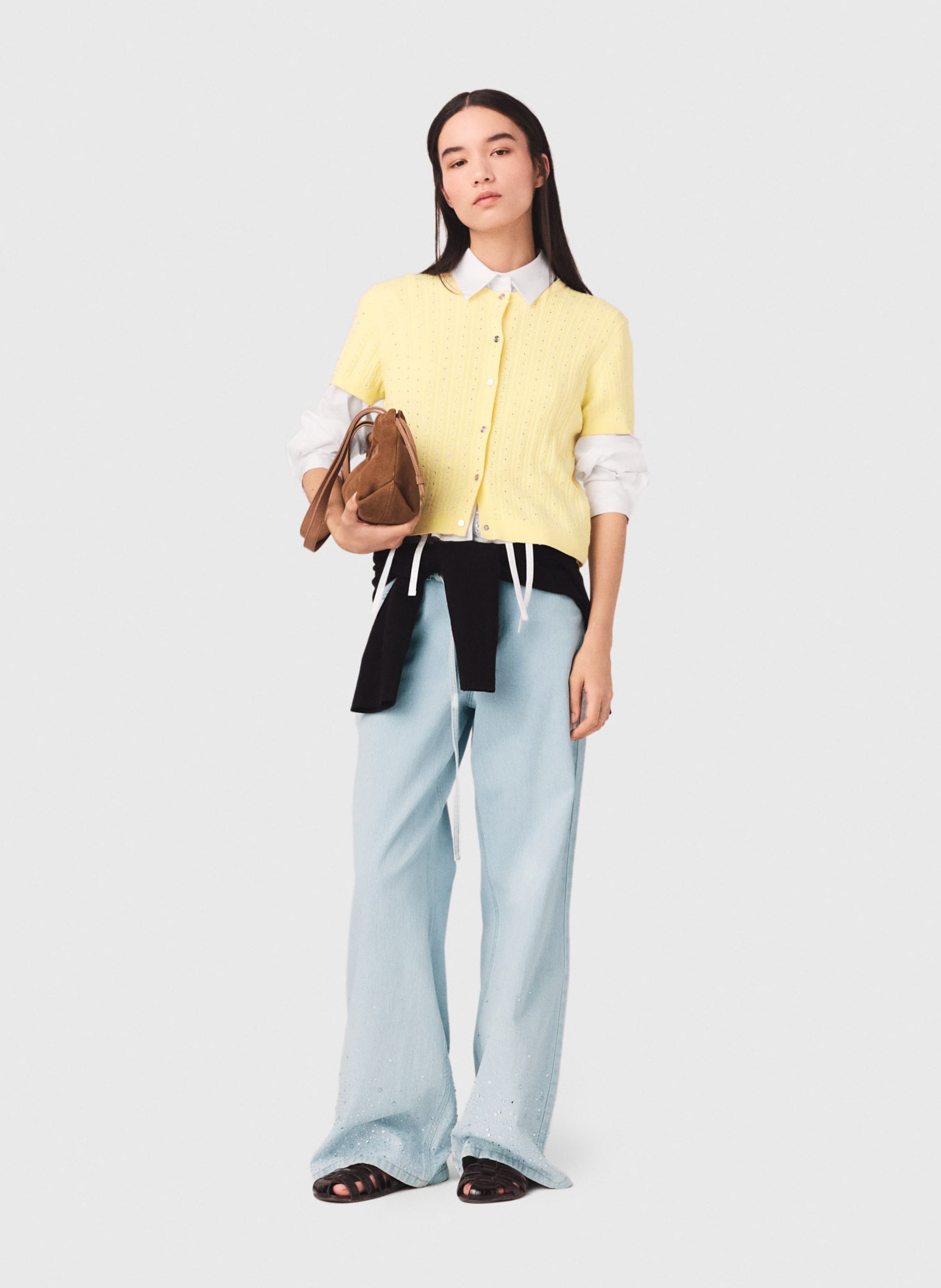 Cardigan droit col rond en coton mélangé MAJE Jaune