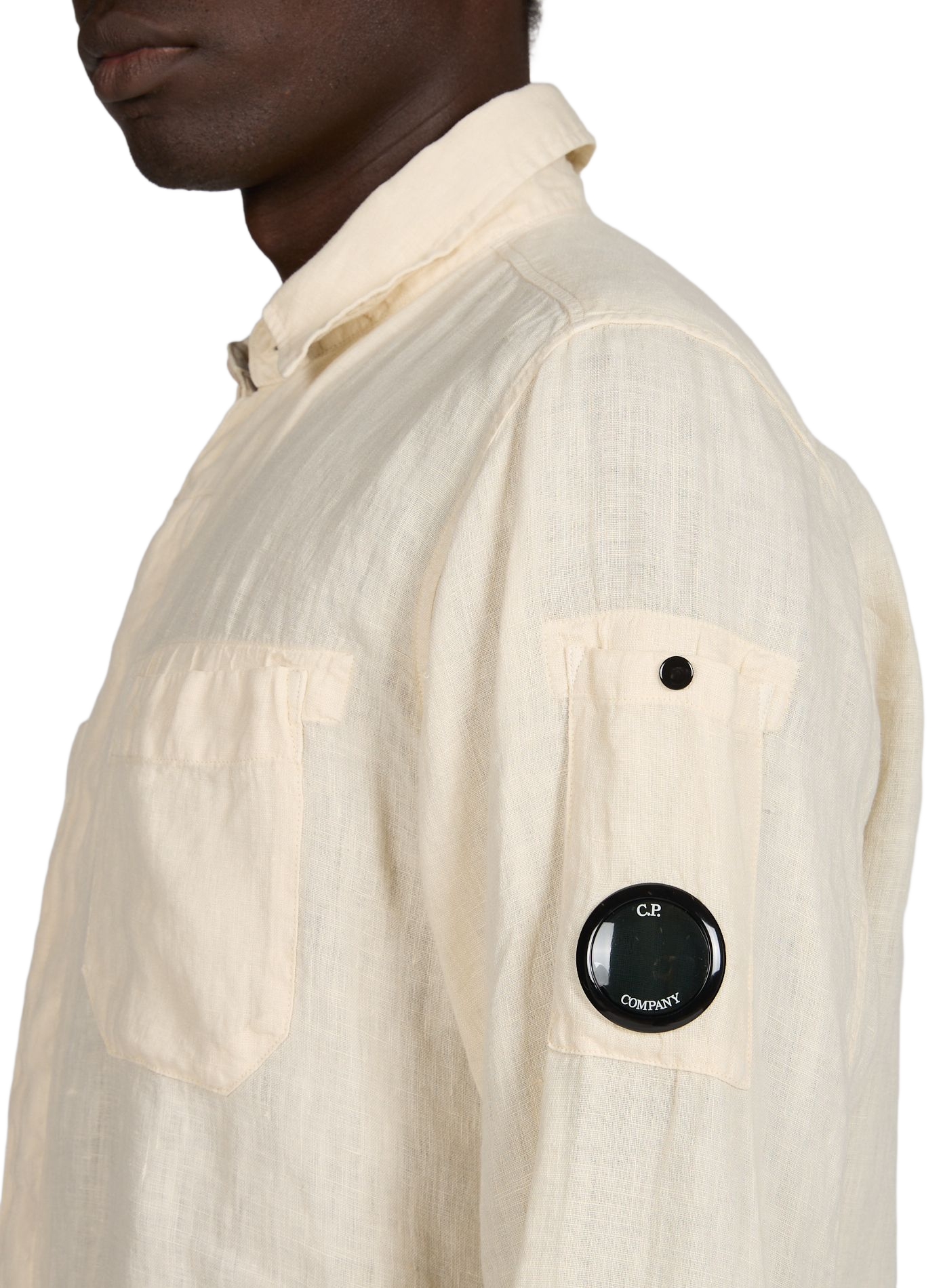 Chemise unie avec empiècement logo sur la manche en lin CP COMPANY Beige