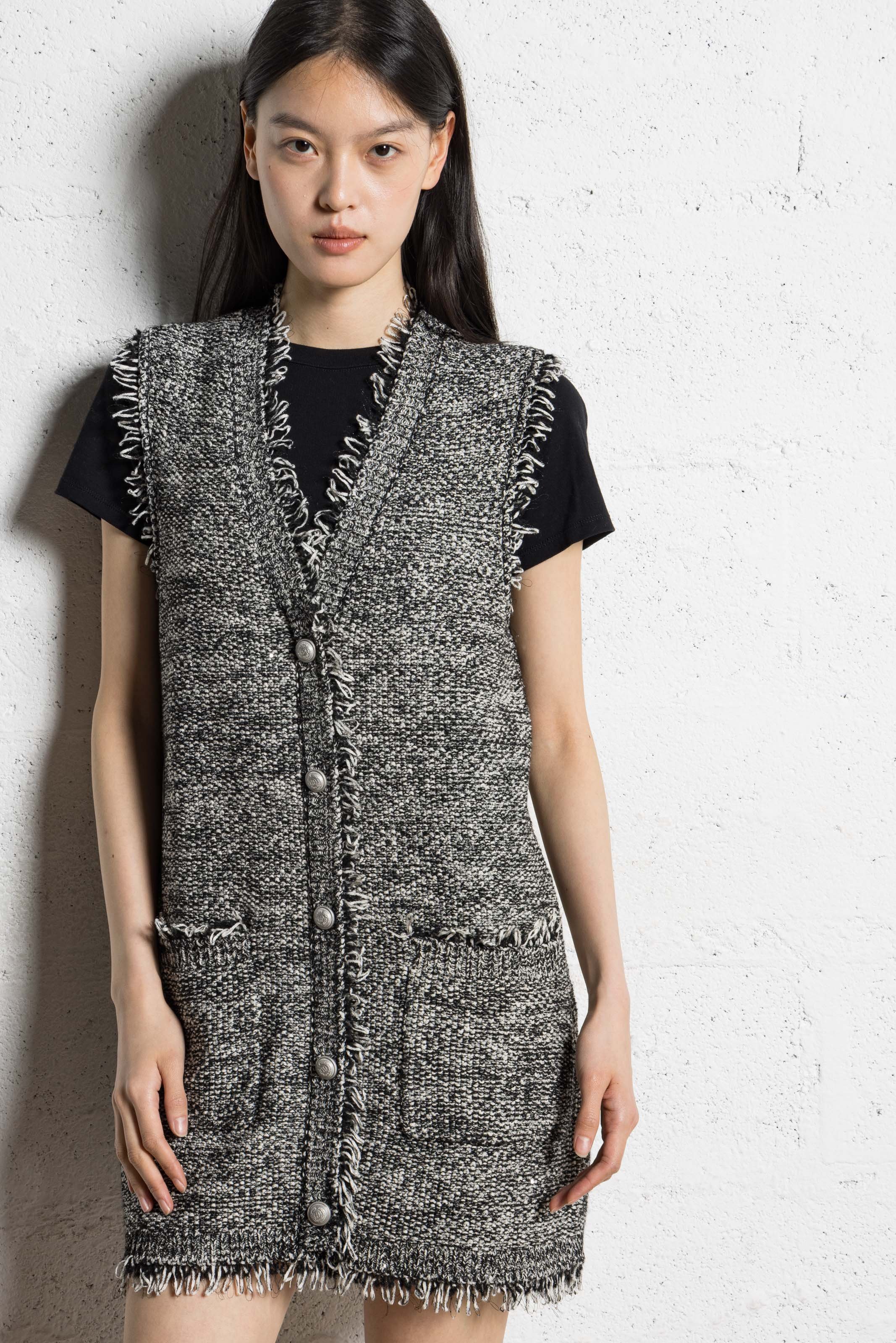 Robe courte col v en tweed IKKS Noir