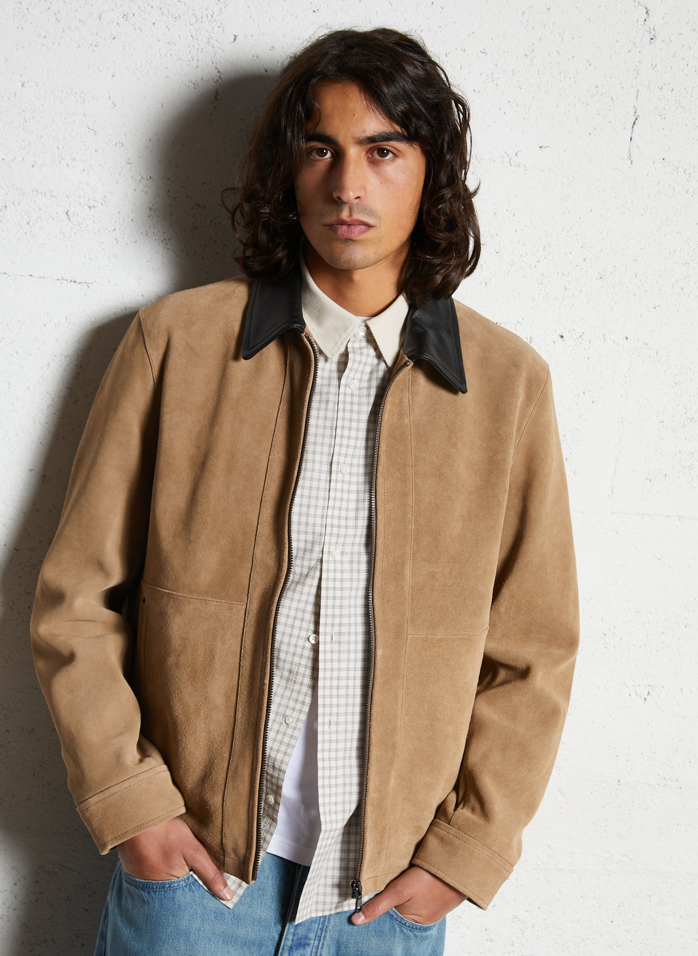 Blouson col classique en cuir velours IKKS Beige
