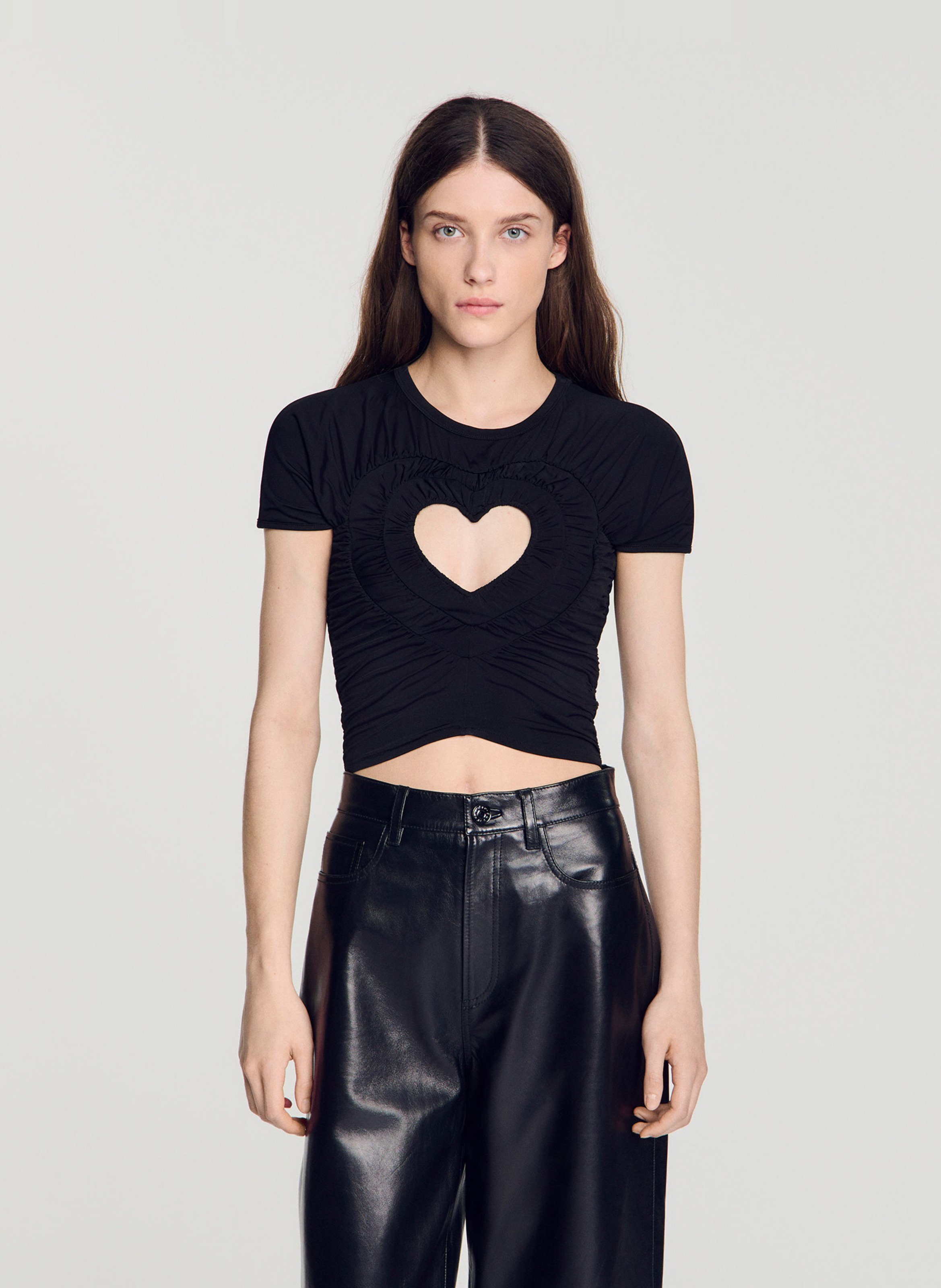 T-shirt court froncé coeur SANDRO Noir