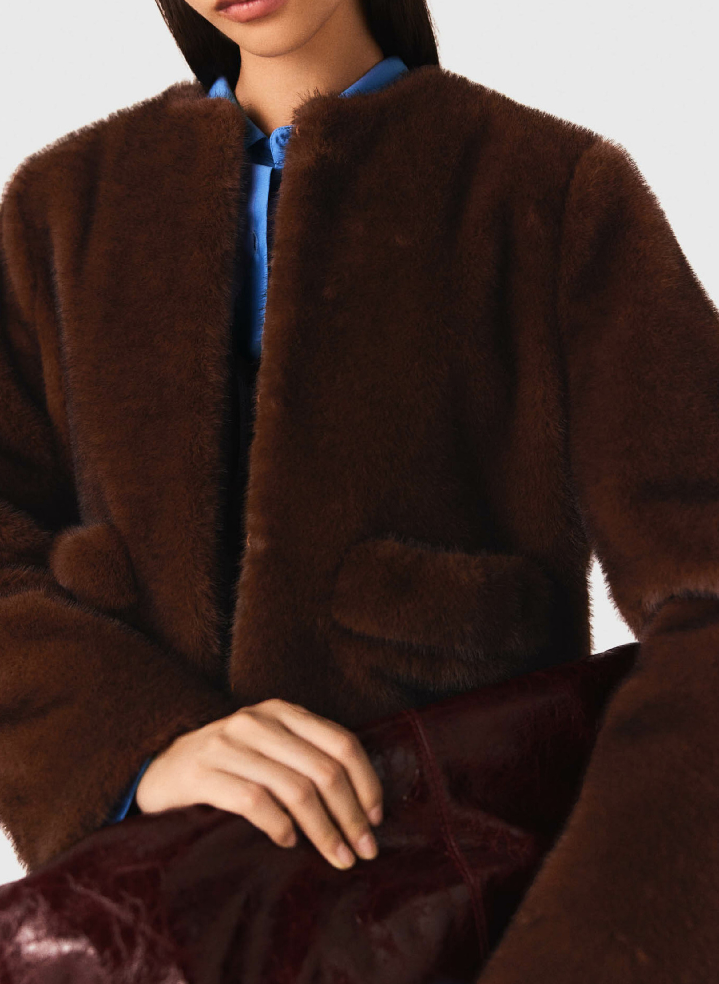 Veste col rond effet fourrure MAJE Marron