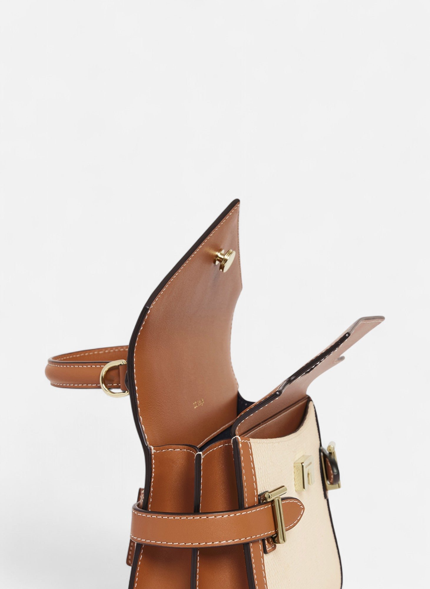 Petit sac à main double rabat emilie en toile coton et cuir lisse LE TANNEUR Marron