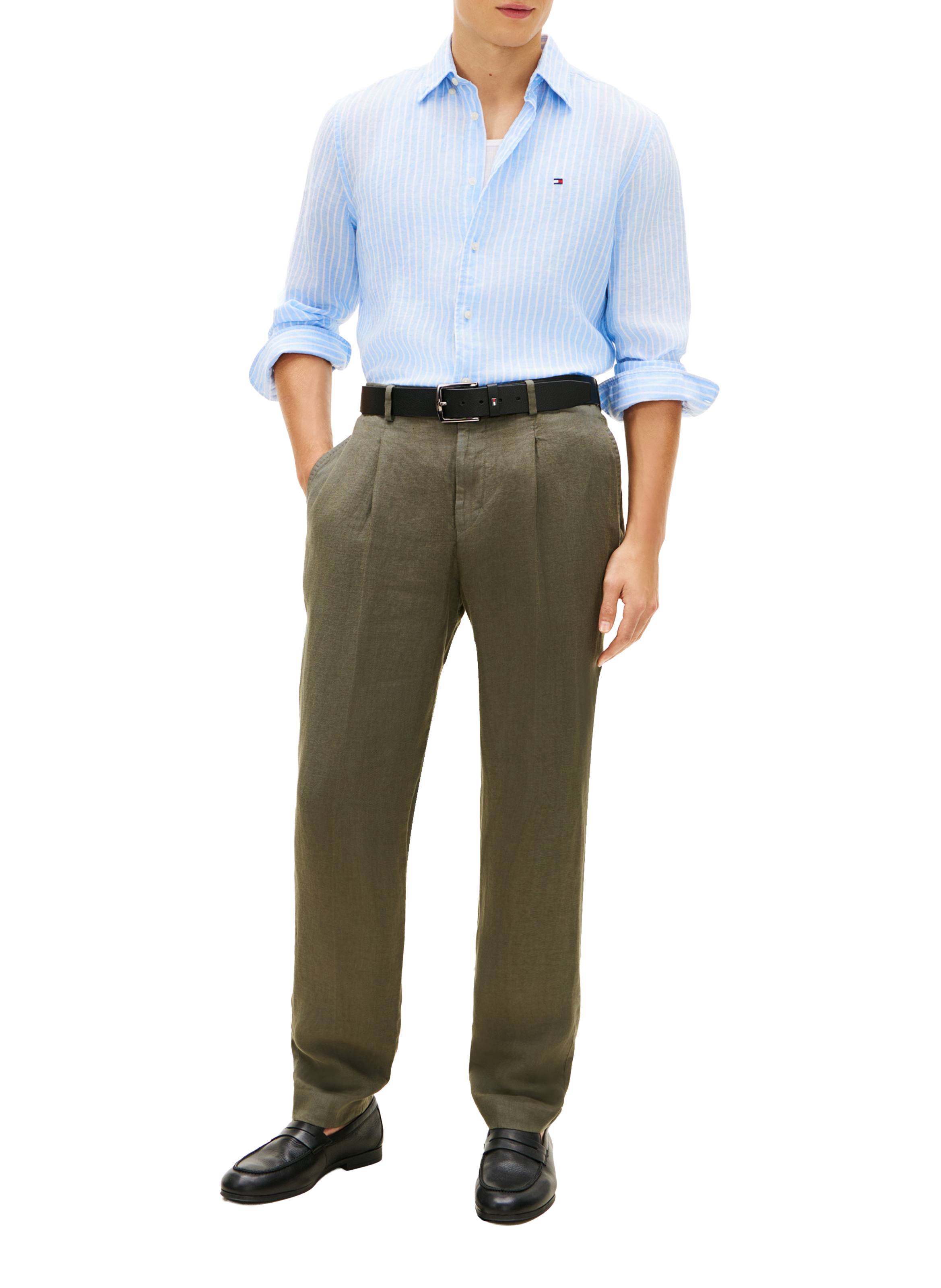 Chemise droite rayée à logo en lin TOMMY HILFIGER Bleu