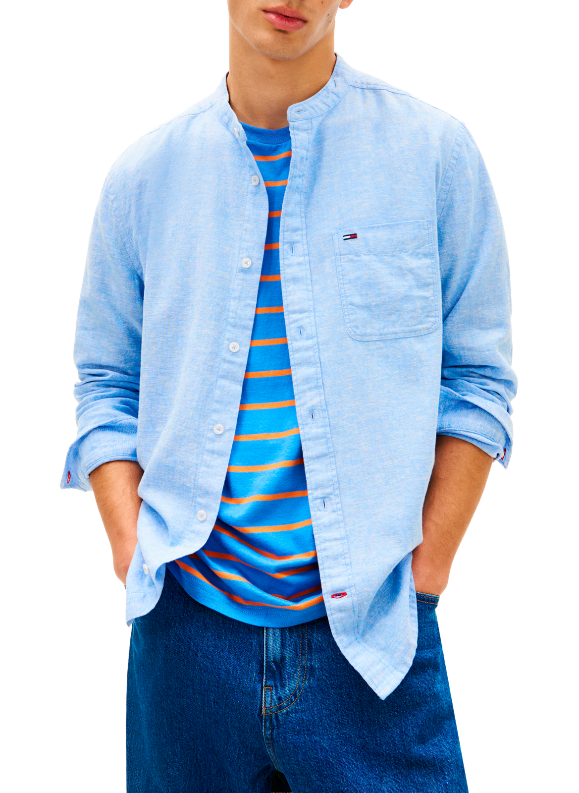 Shirt with a mandarin collar in linen and cotton TOMMY HILFIGER Blue