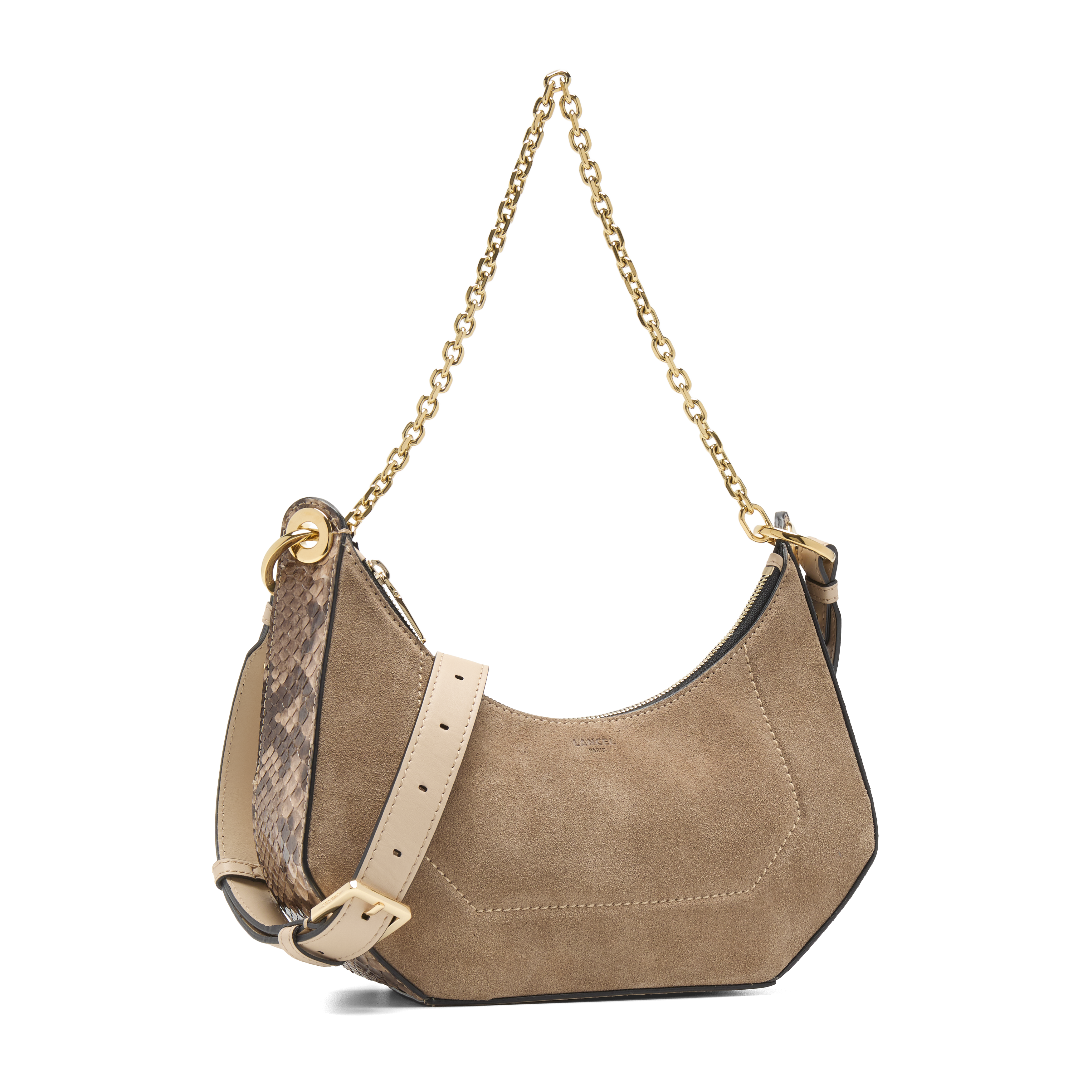 Lancel Croisette tas in suède & python print: kalfssuède, glad leer & python. LANCEL Beige
