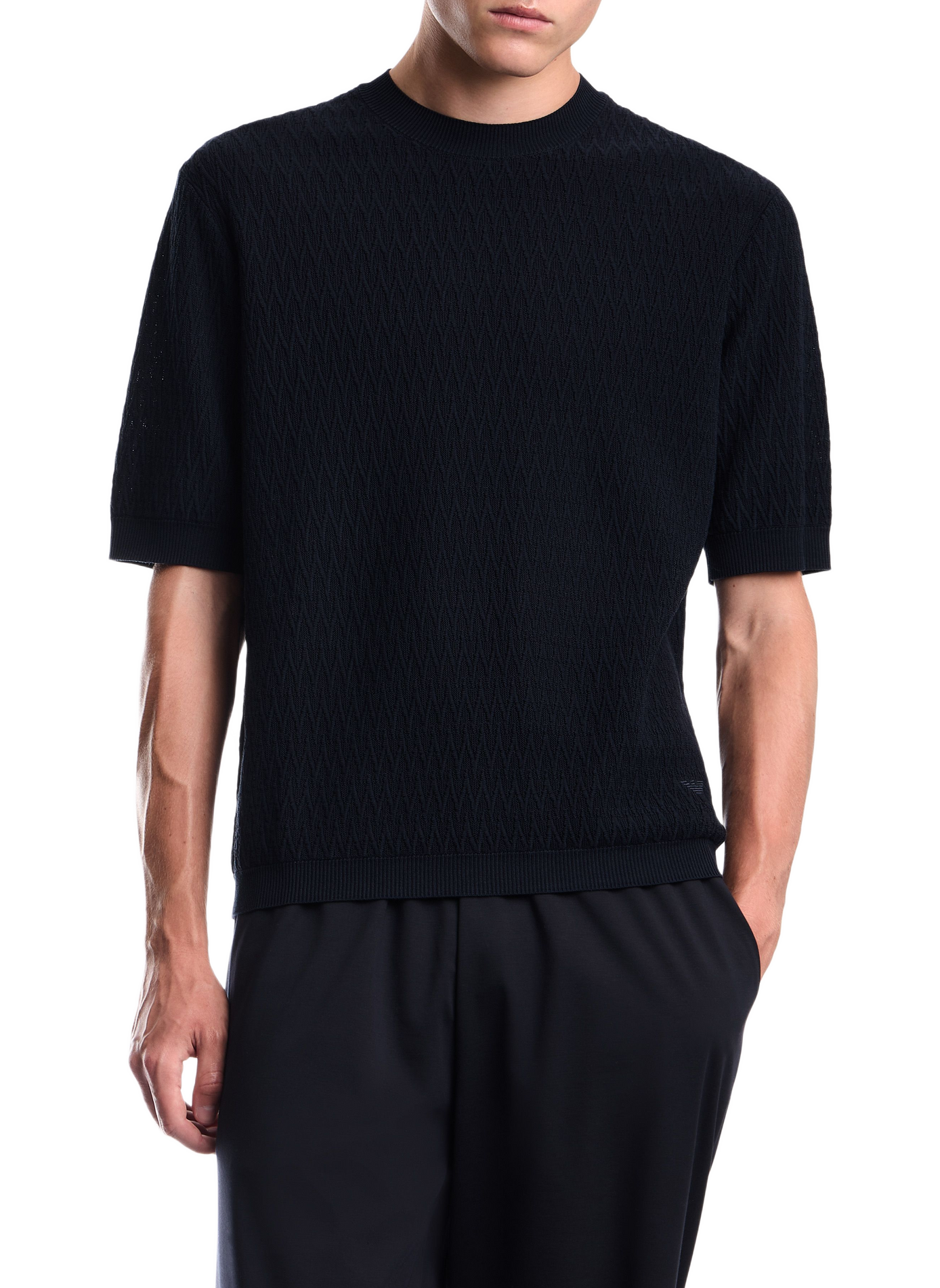Short-sleeved chevron knit cotton sweater EMPORIO ARMANI Blue