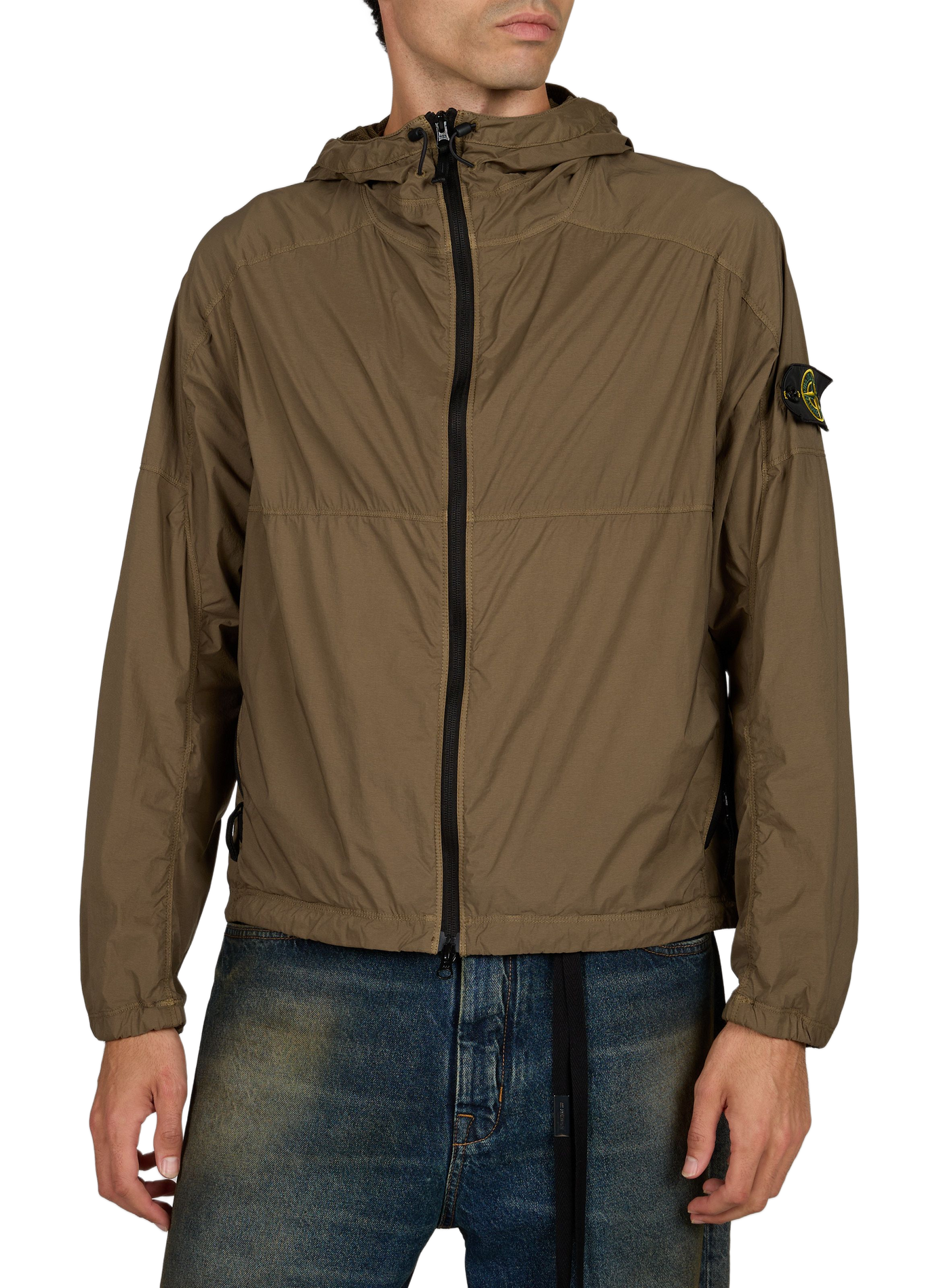 Straight zip-up hooded jacket STONE ISLAND Khaki