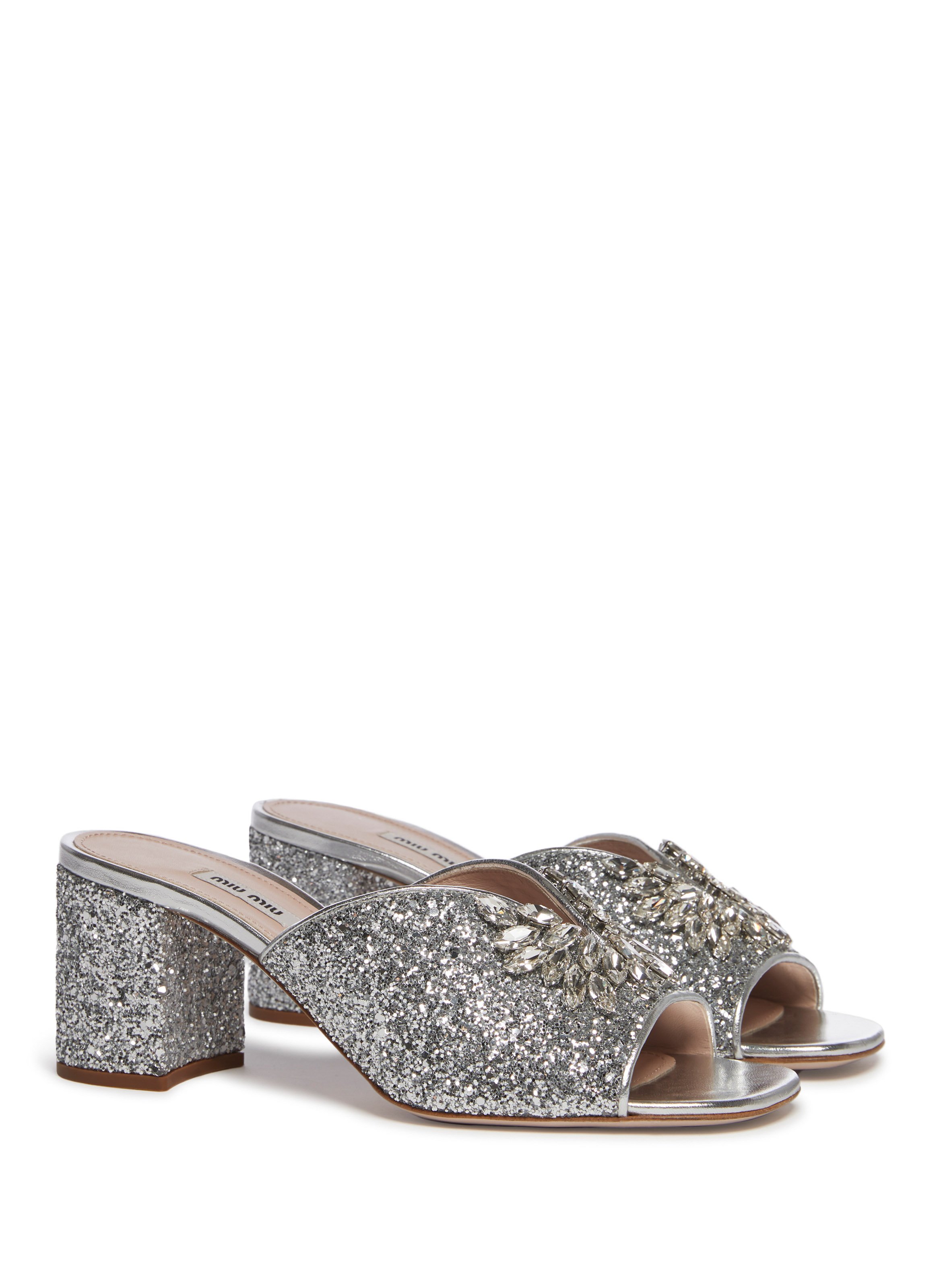 Crystal-Embellished Glitter Mules MIU MIU Silver