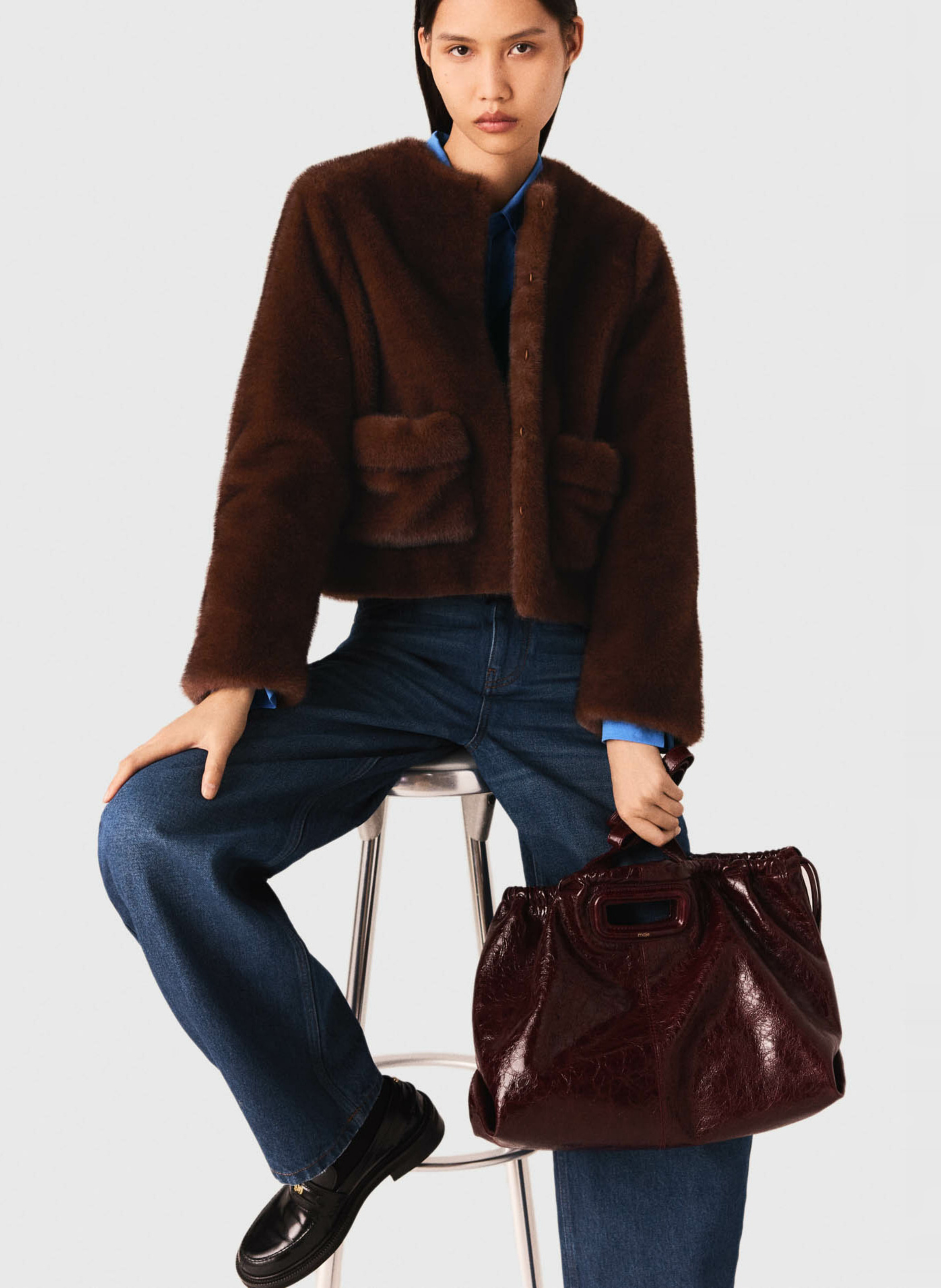 Veste col rond effet fourrure MAJE Marron