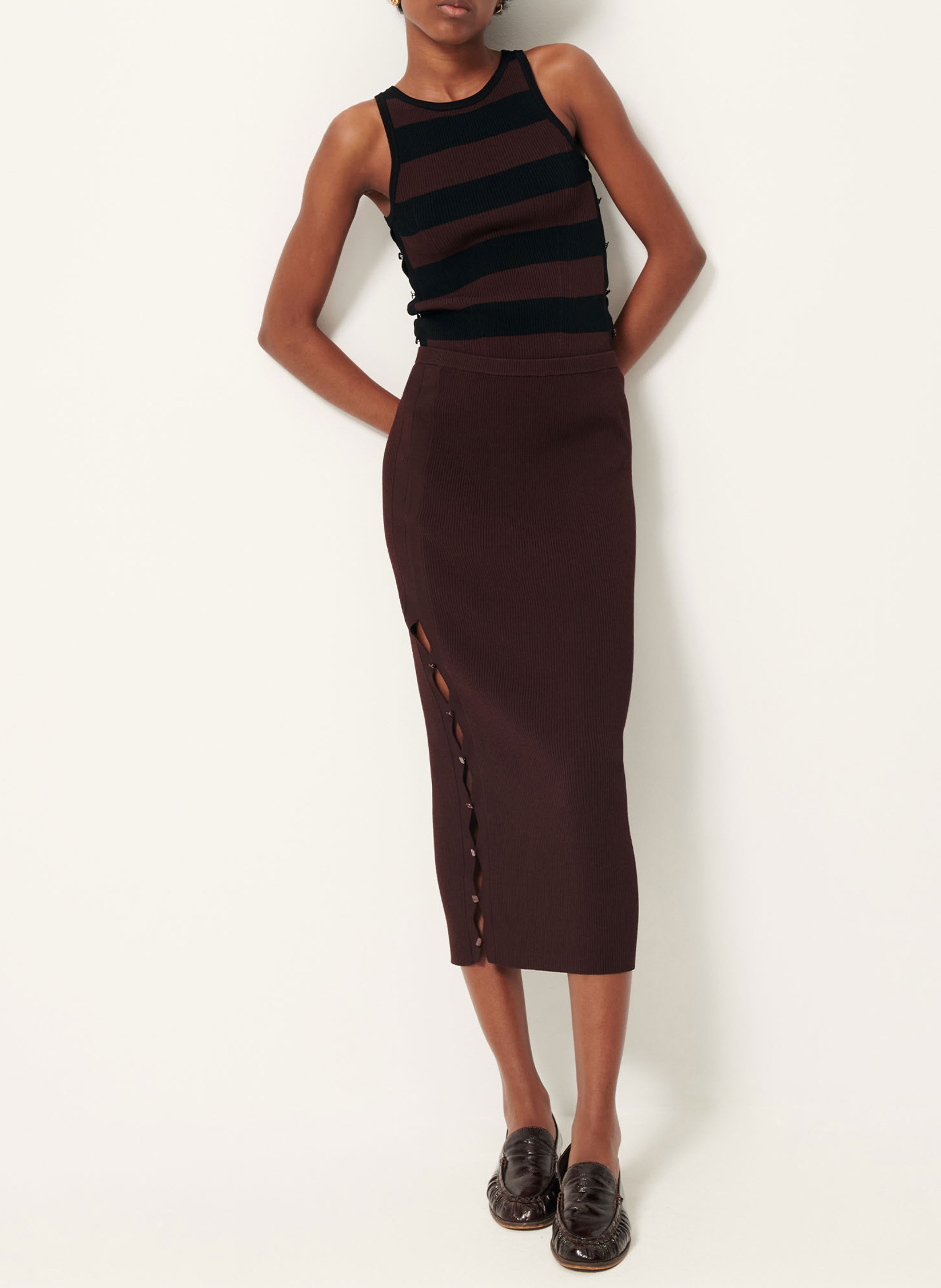 Jupe midi ajustée en maille unie sue SESSUN Marron