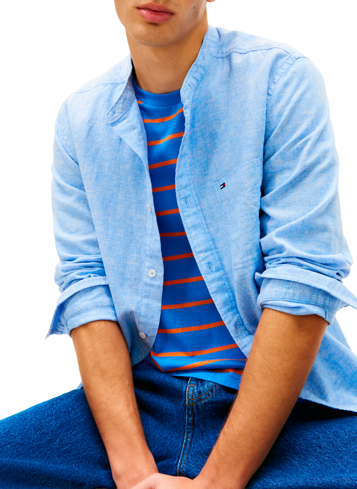 Shirt with a mandarin collar in linen and cotton TOMMY HILFIGER Blue