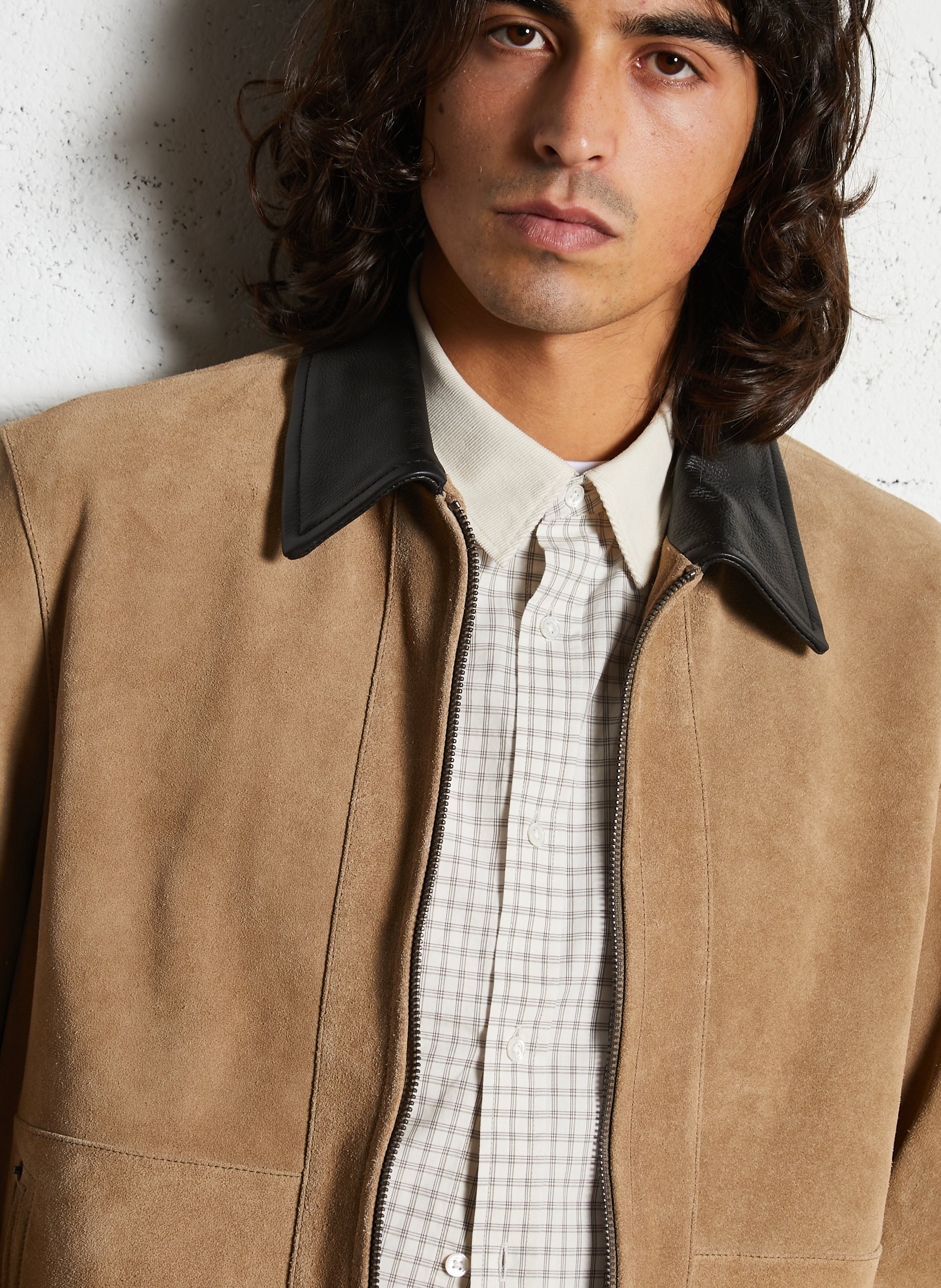 Blouson col classique en cuir velours IKKS Beige