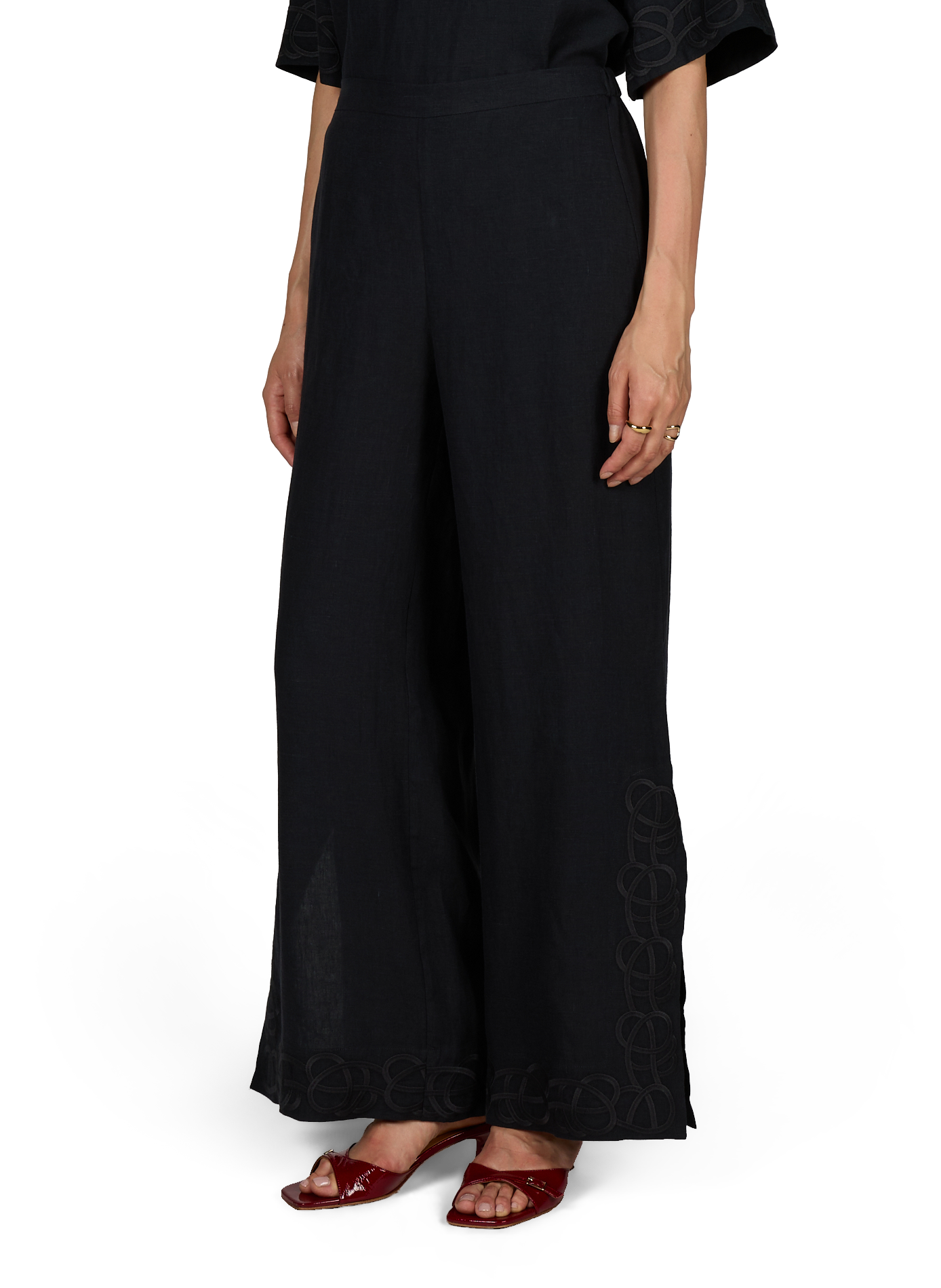 Wide leg linen embroidered pants BY MALENE BIRGER Black