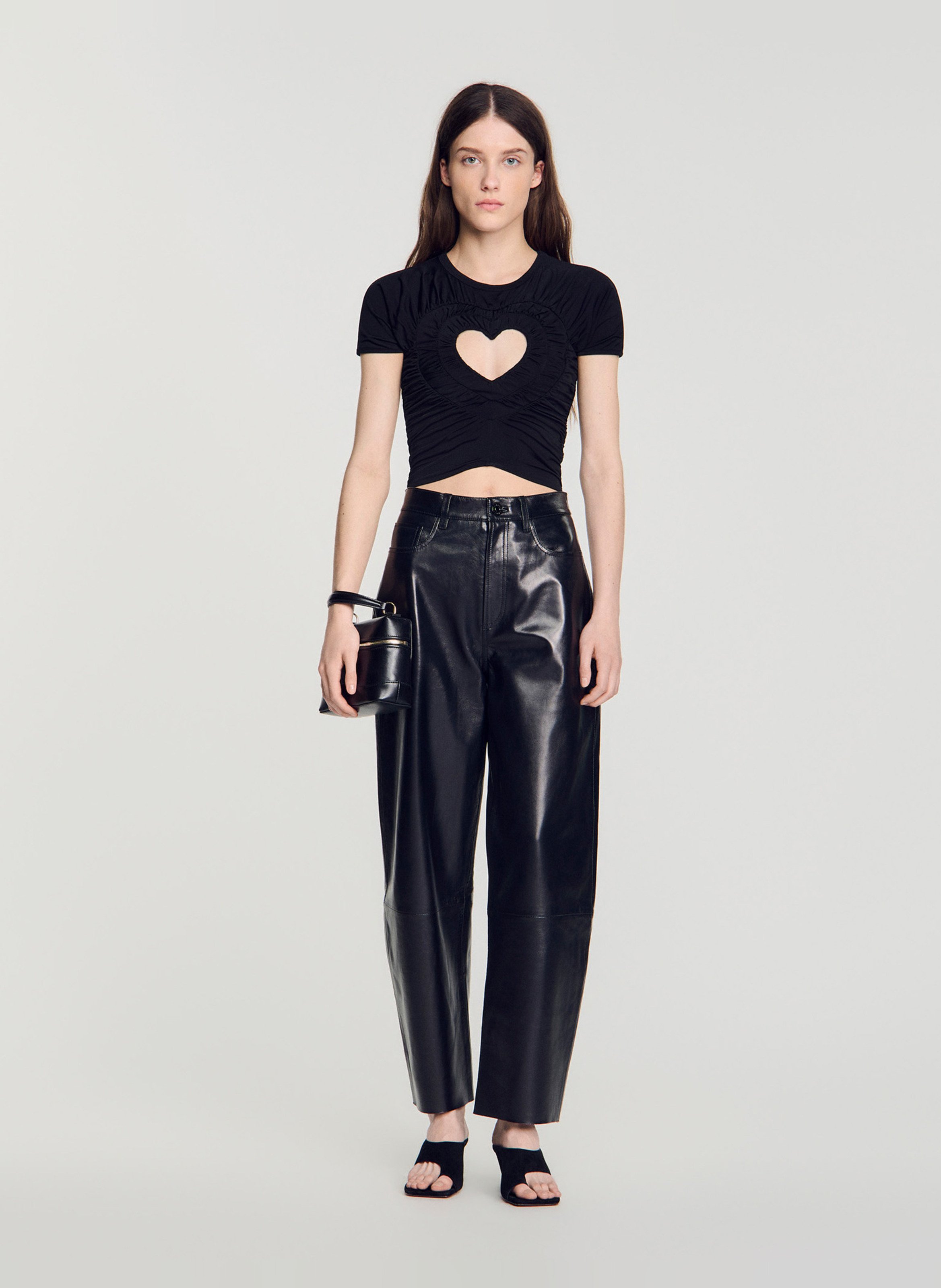 T-shirt court froncé coeur SANDRO Noir