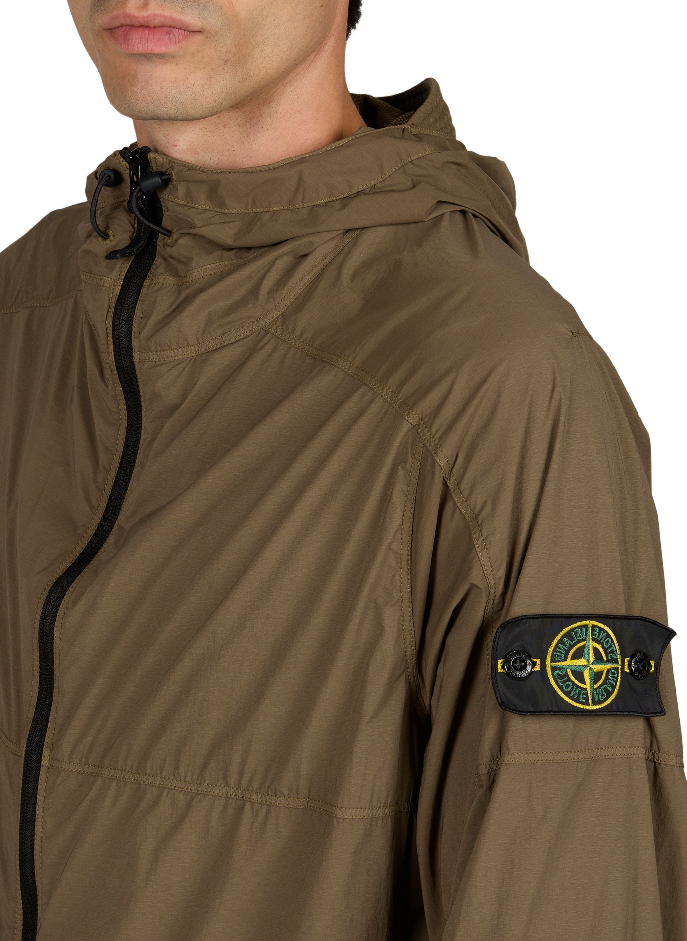 Straight zip-up hooded jacket STONE ISLAND Khaki