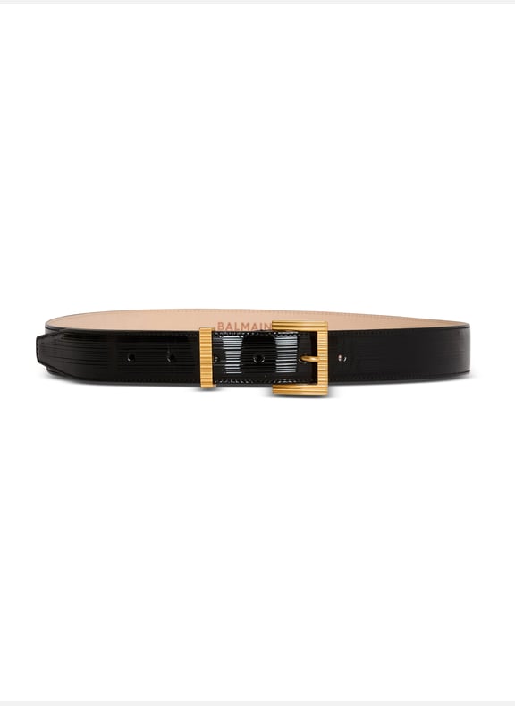 Ceinture parfum en cuir verni strié Noir by BALMAIN BALMAIN Ceinture parfum en cuir verni strié Noir