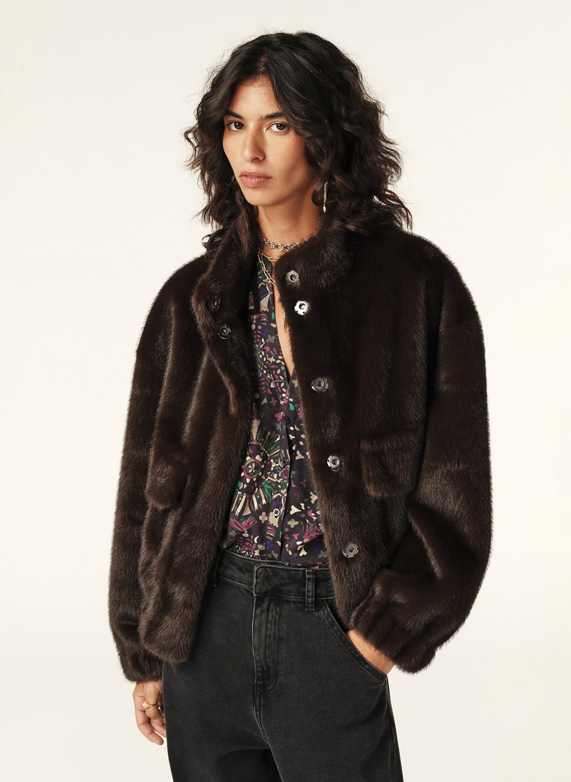 Veste ample col montant en fourrure synthétique paros BA&SH Marron