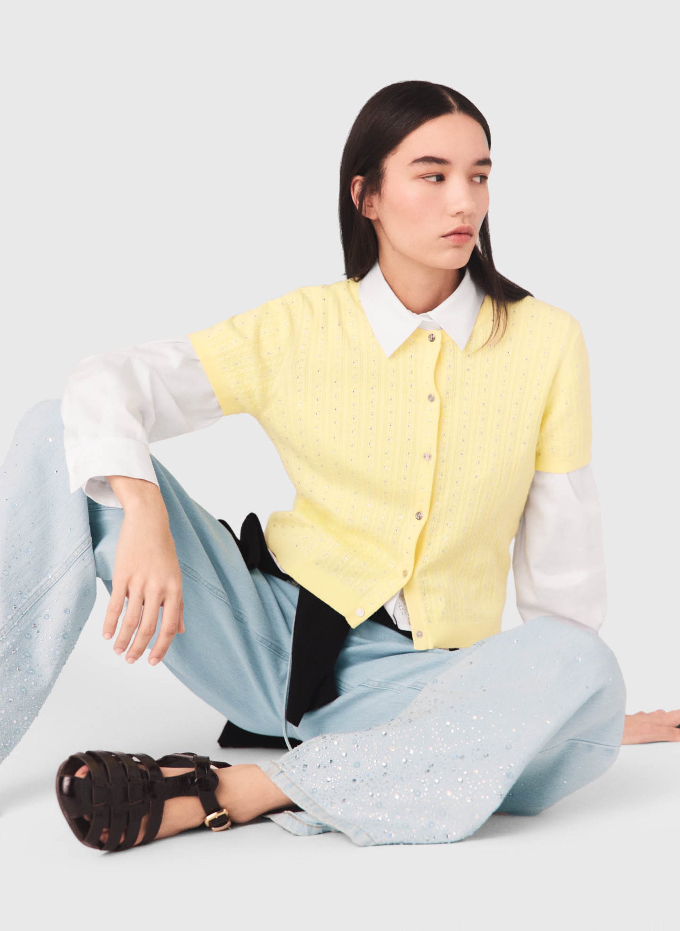 Cardigan droit col rond en coton mélangé MAJE Jaune