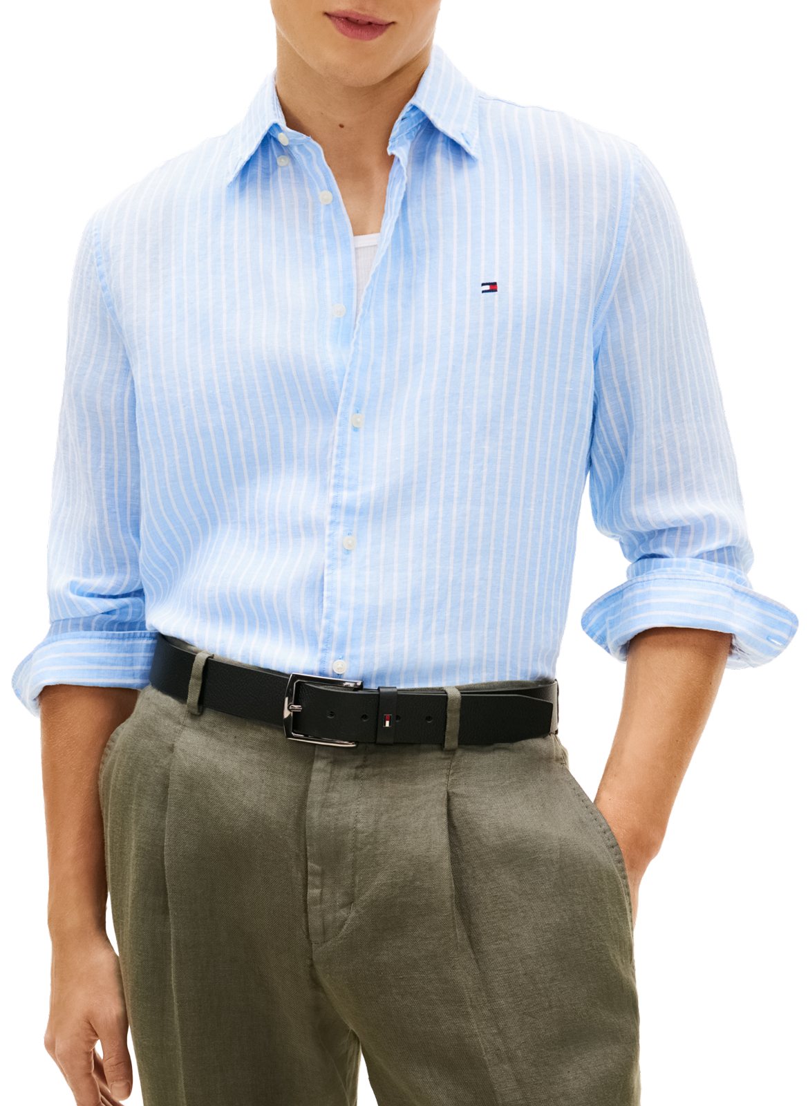 Chemise droite rayée à logo en lin TOMMY HILFIGER Bleu