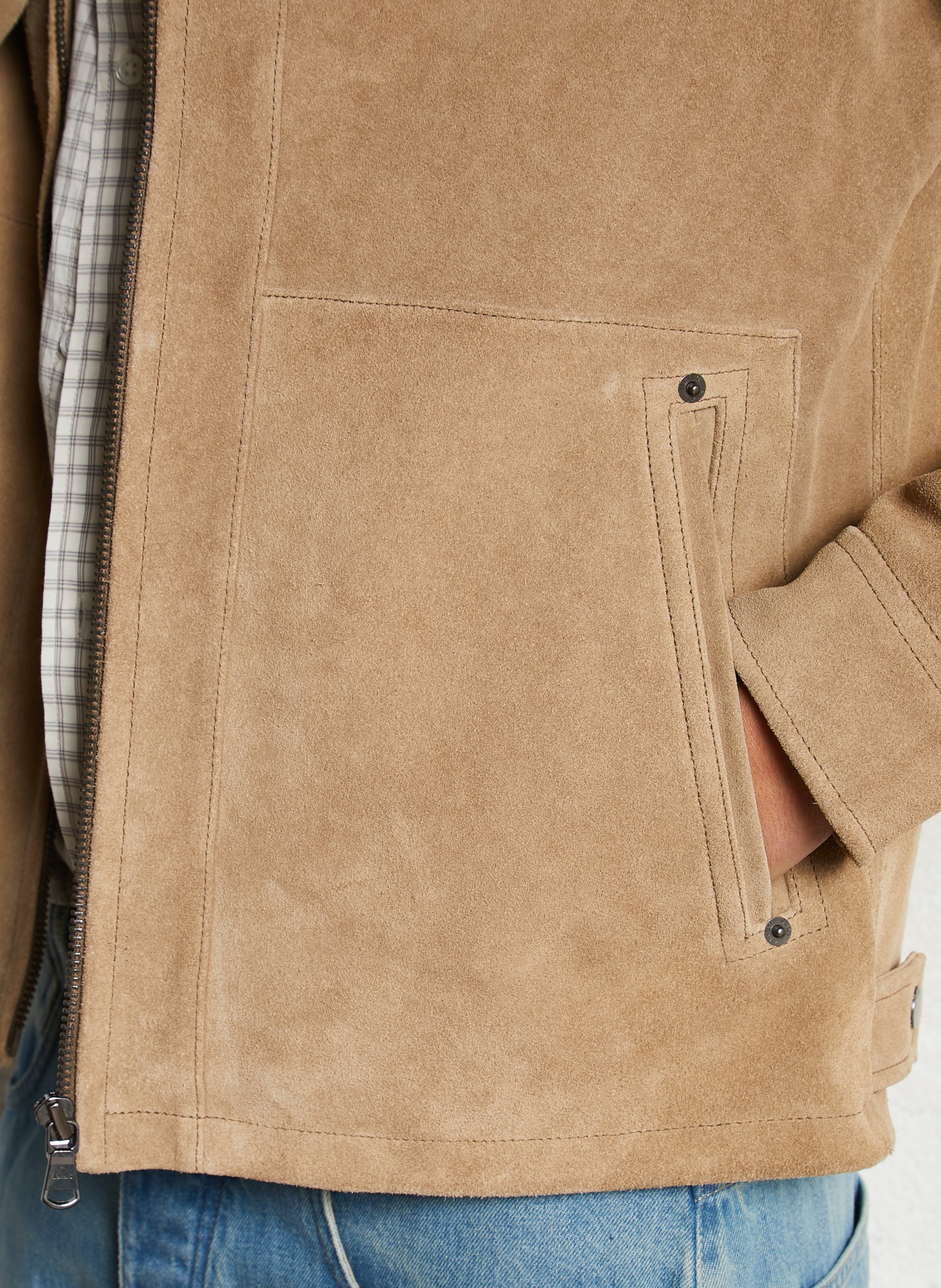 Blouson col classique en cuir velours IKKS Beige