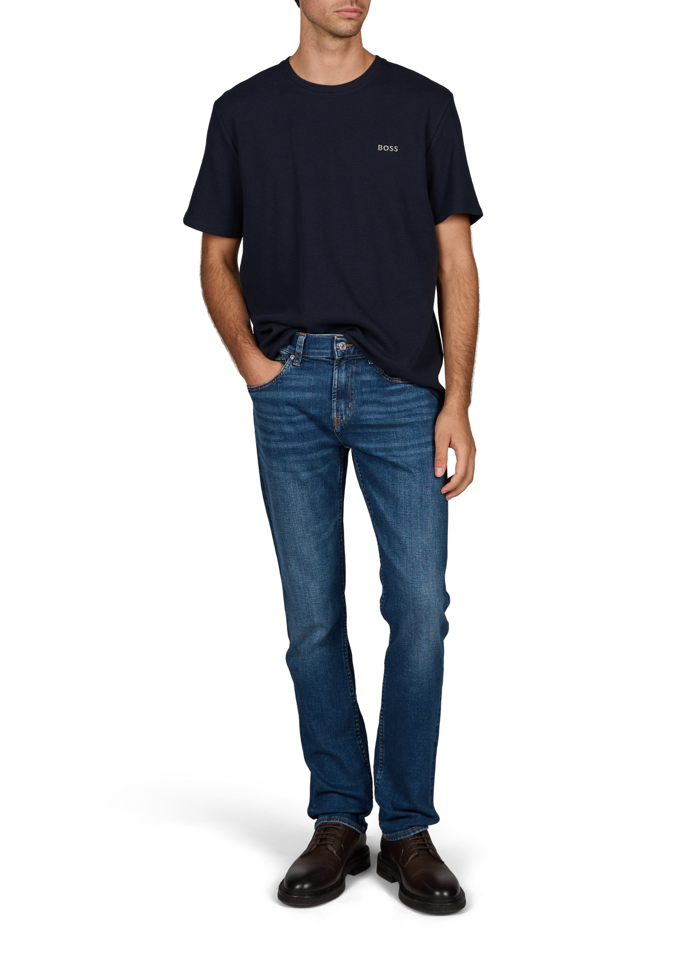 Round neck t-shirt in blended piqué cotton BOSS Blue