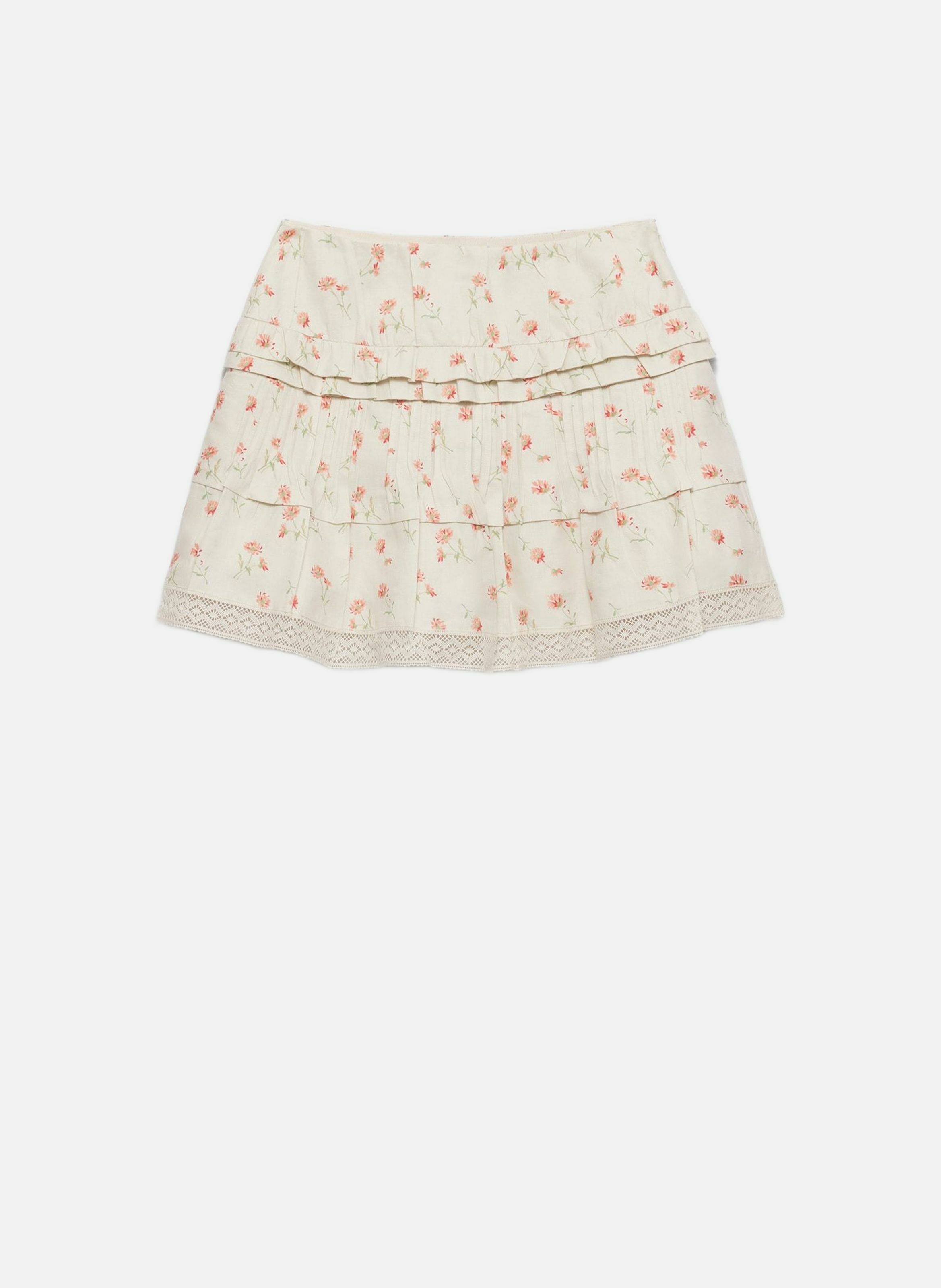 Jupe courte en lin à imprimé fleurs PRADA Beige