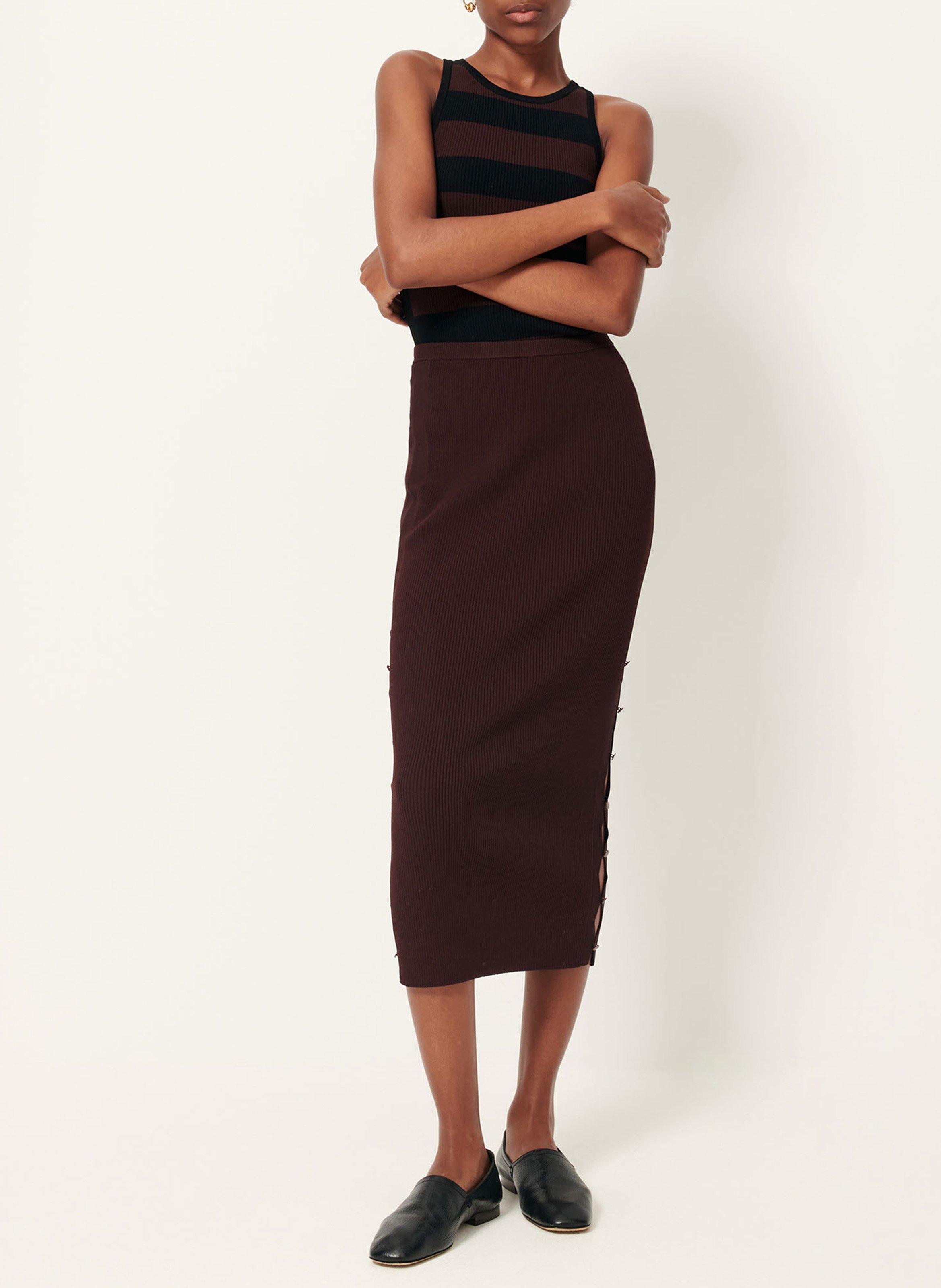 Jupe midi ajustée en maille unie sue SESSUN Marron