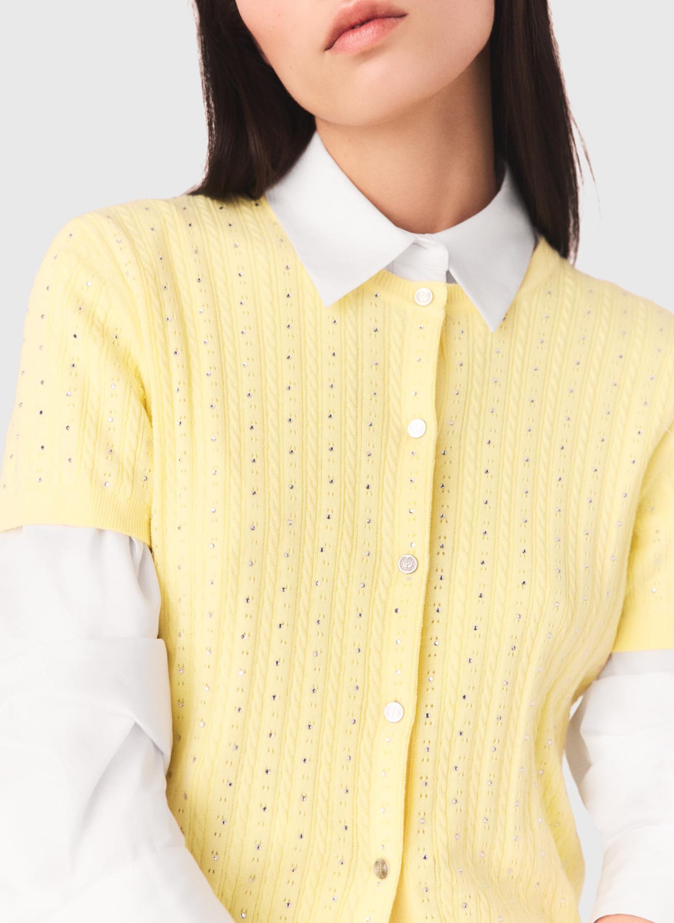 Cardigan droit col rond en coton mélangé MAJE Jaune