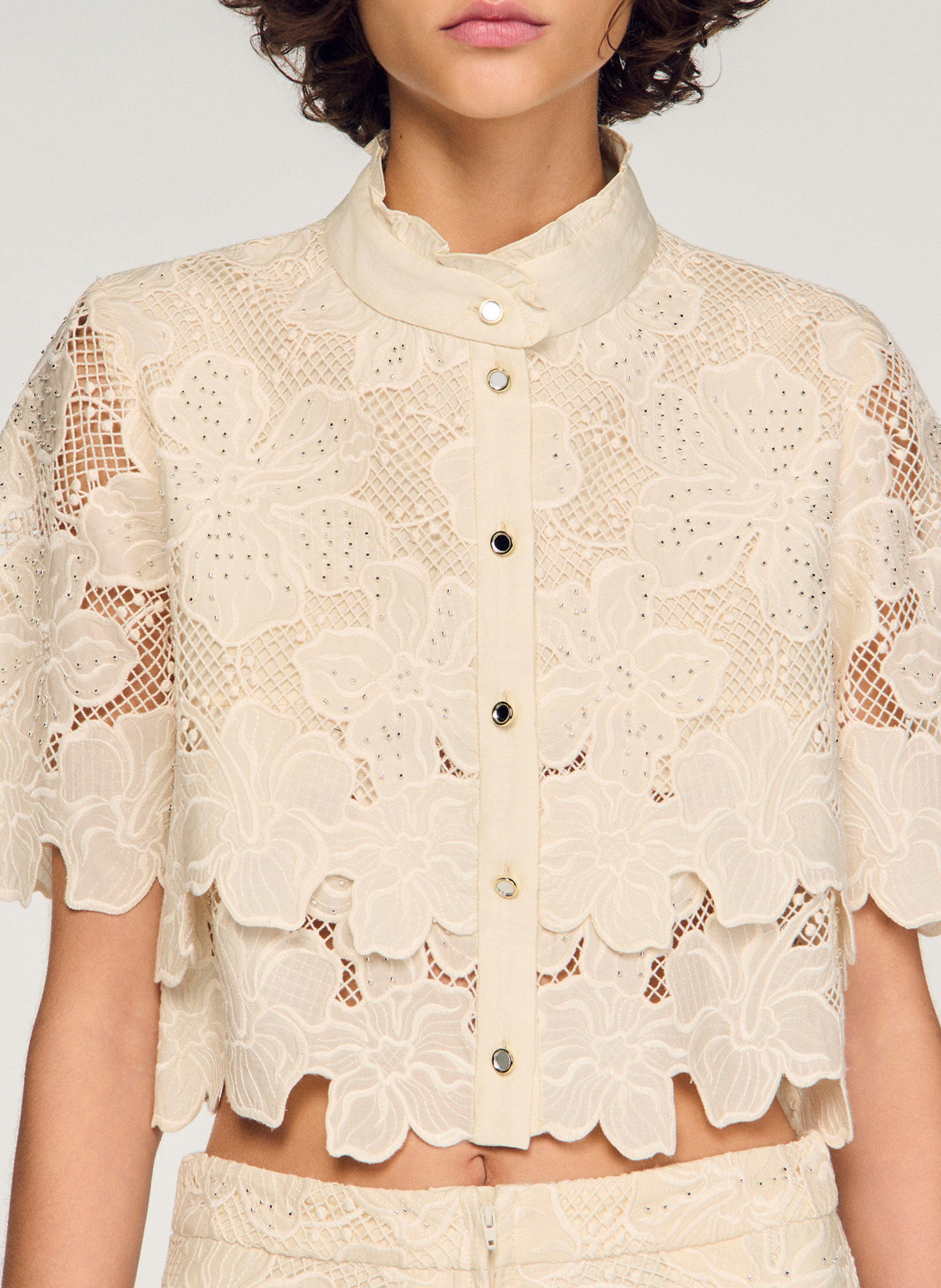 Chemise droite col classique en dentelle SANDRO Beige