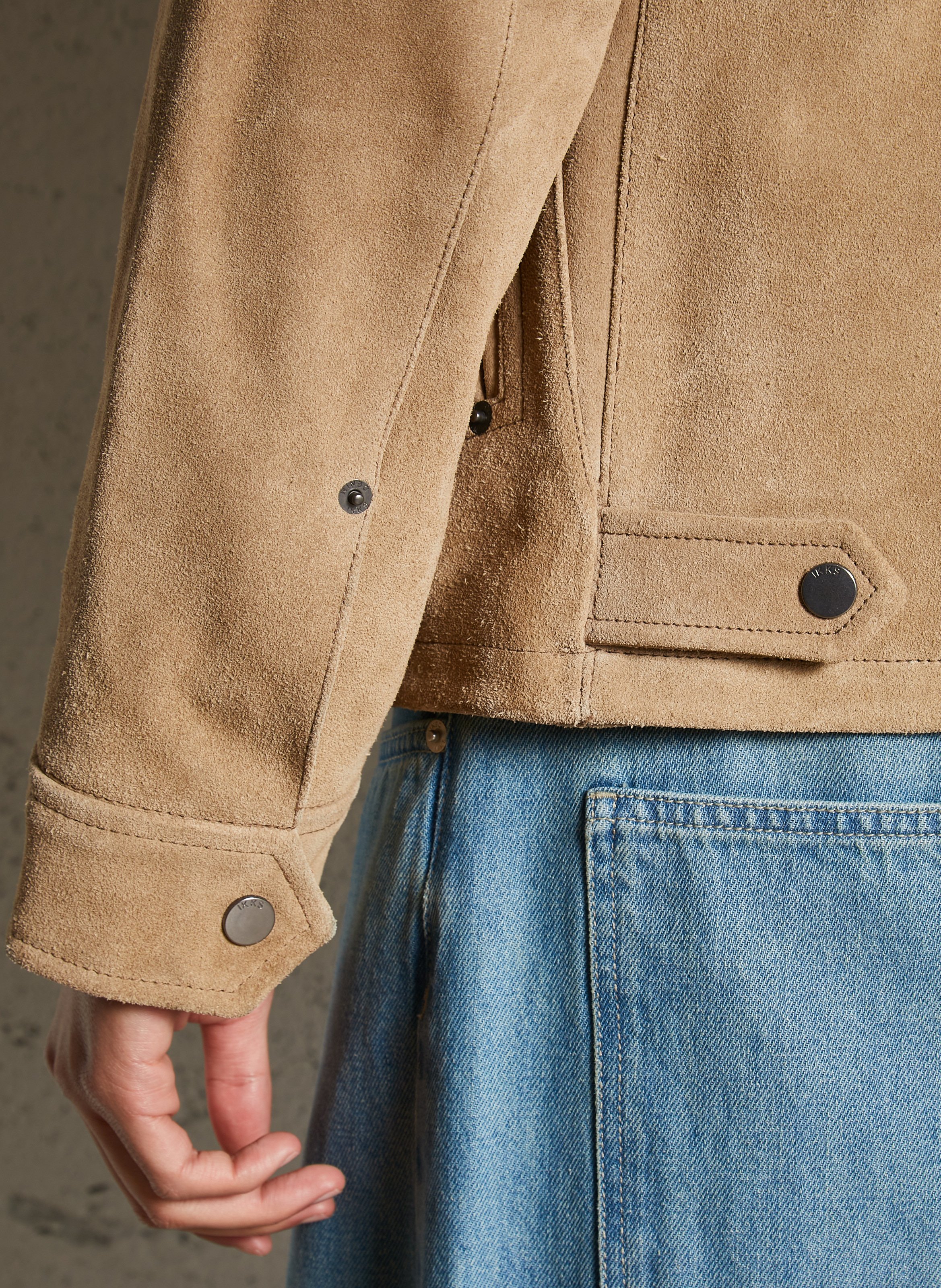 Blouson col classique en cuir velours IKKS Beige