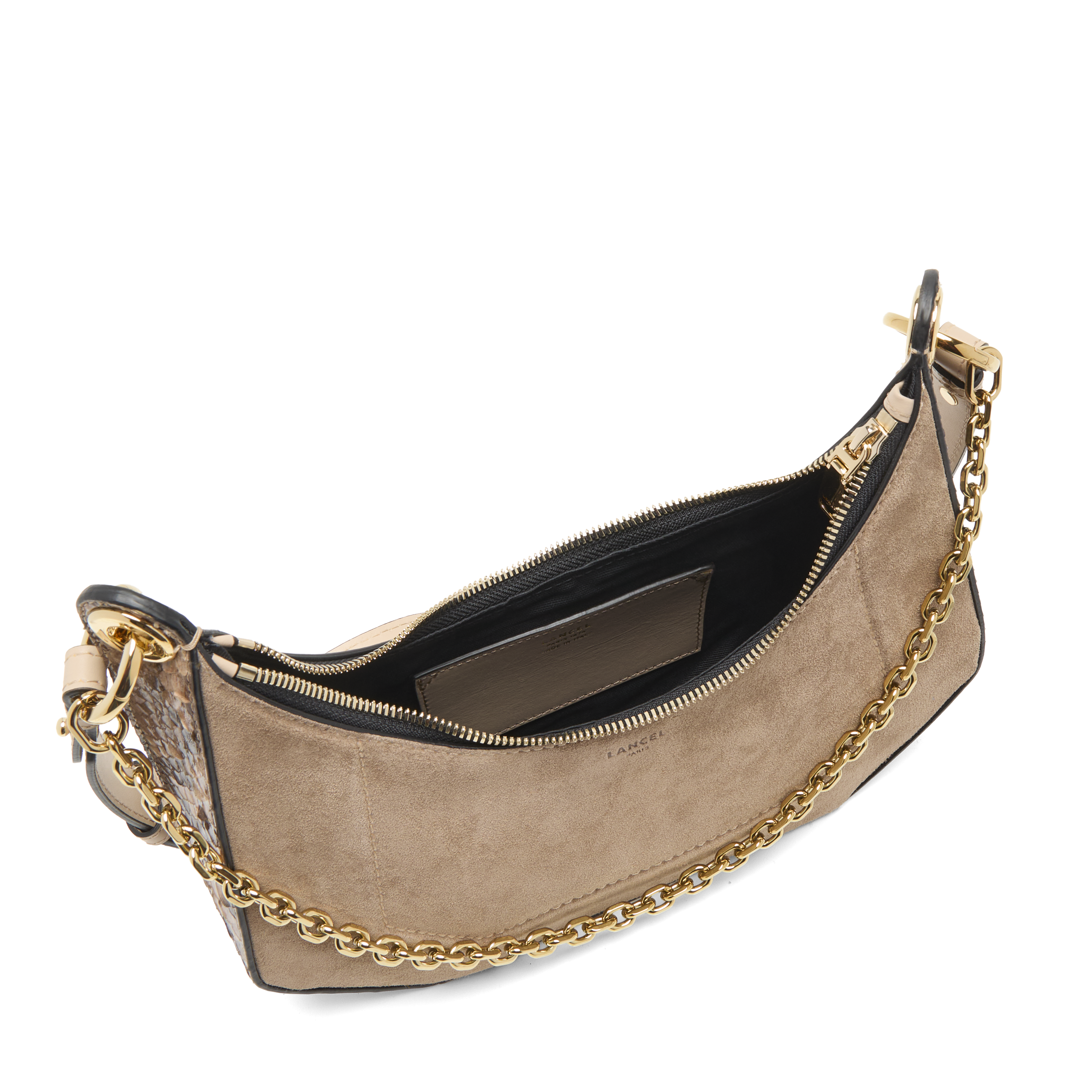 Lancel Croisette tas in suède & python print: kalfssuède, glad leer & python. LANCEL Beige