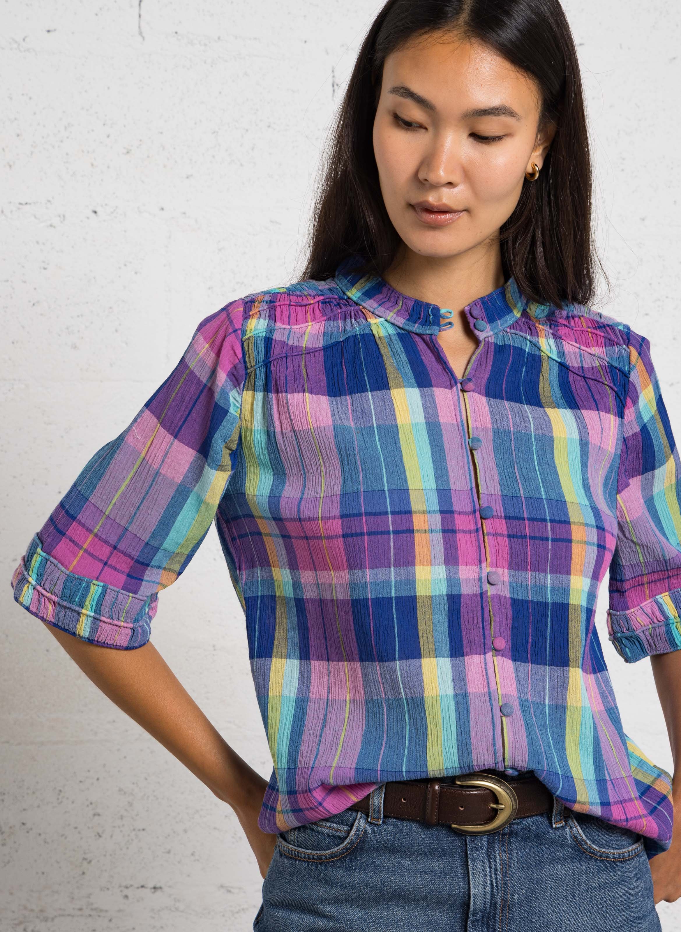 Chemise droite col rond en coton imprimé magda MAISON 123 Bleu