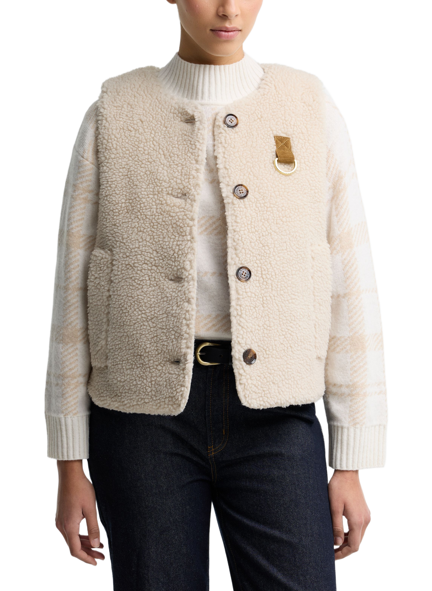 Gerader flauschiger Rundhalsausschnitt-Weste. BARBOUR Beige