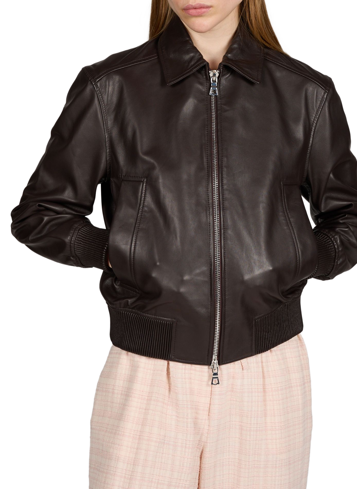 Chaqueta de cuero con cuello clásico OFFICINE GENERALE Marrón