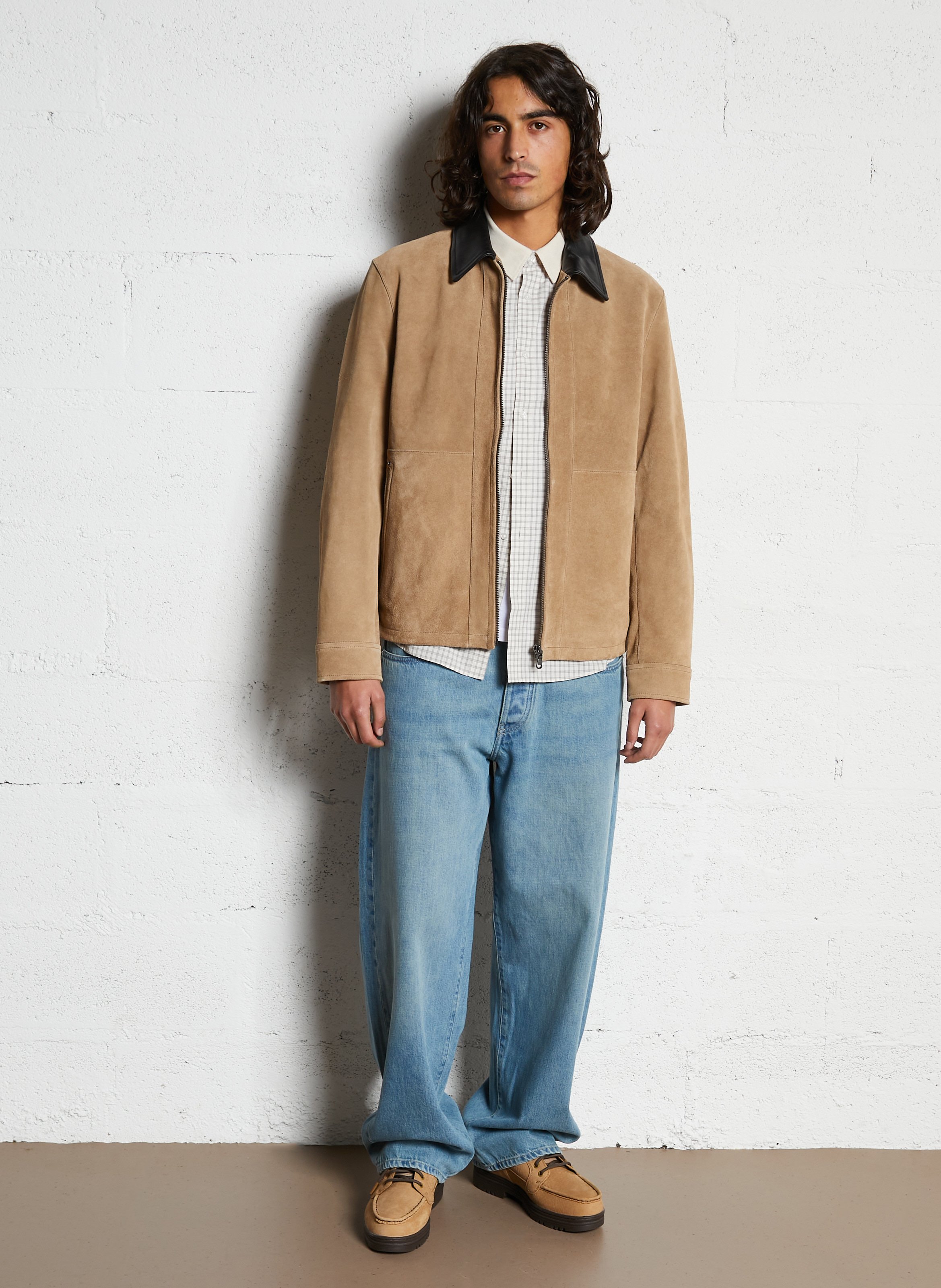 Blouson col classique en cuir velours IKKS Beige