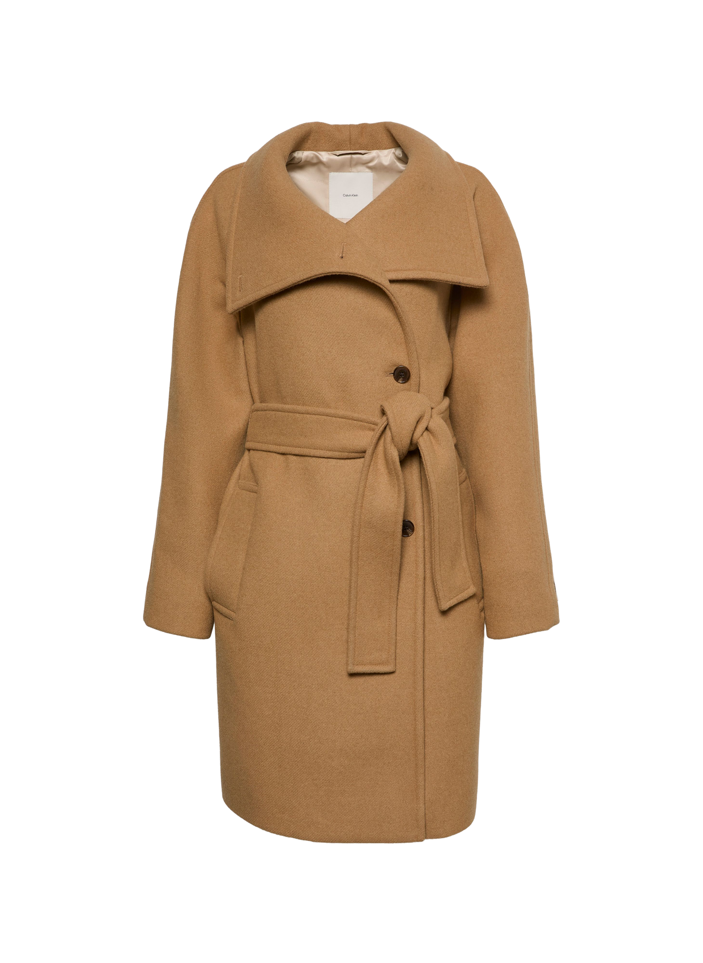 Straight coat with high collar in blended wool.  Tigers eye