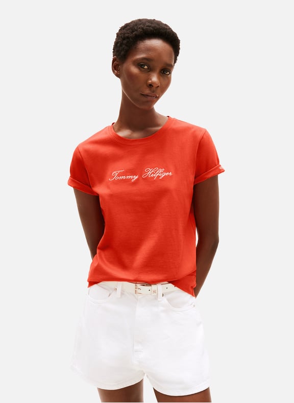 T-shirt with crew neck and embroidered logo Orange by TOMMY HILFIGER TOMMY HILFIGER T-shirt with crew neck and embroidered logo Orange