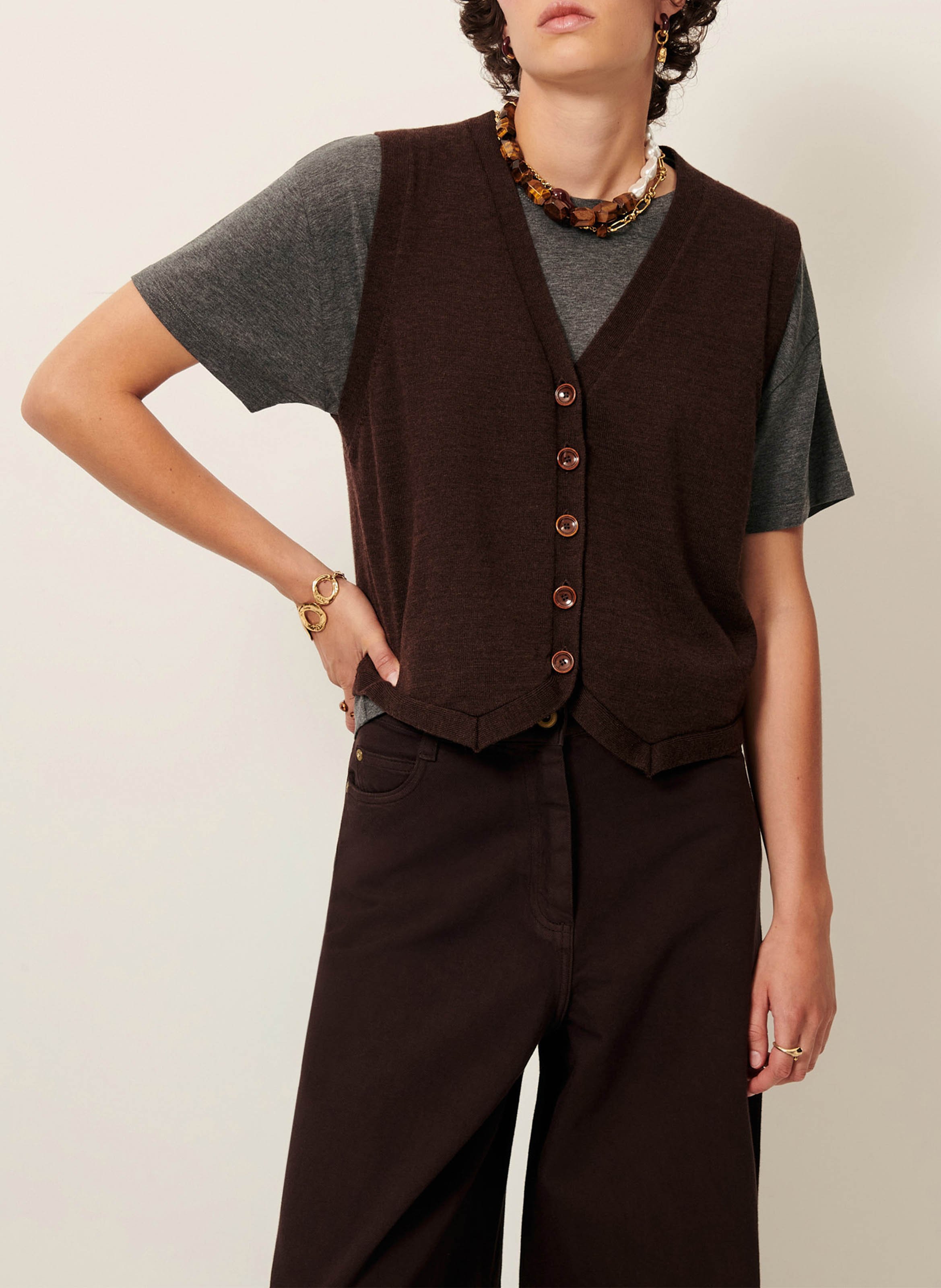 SESSUN Gilet col v en laine giancarlo Marron