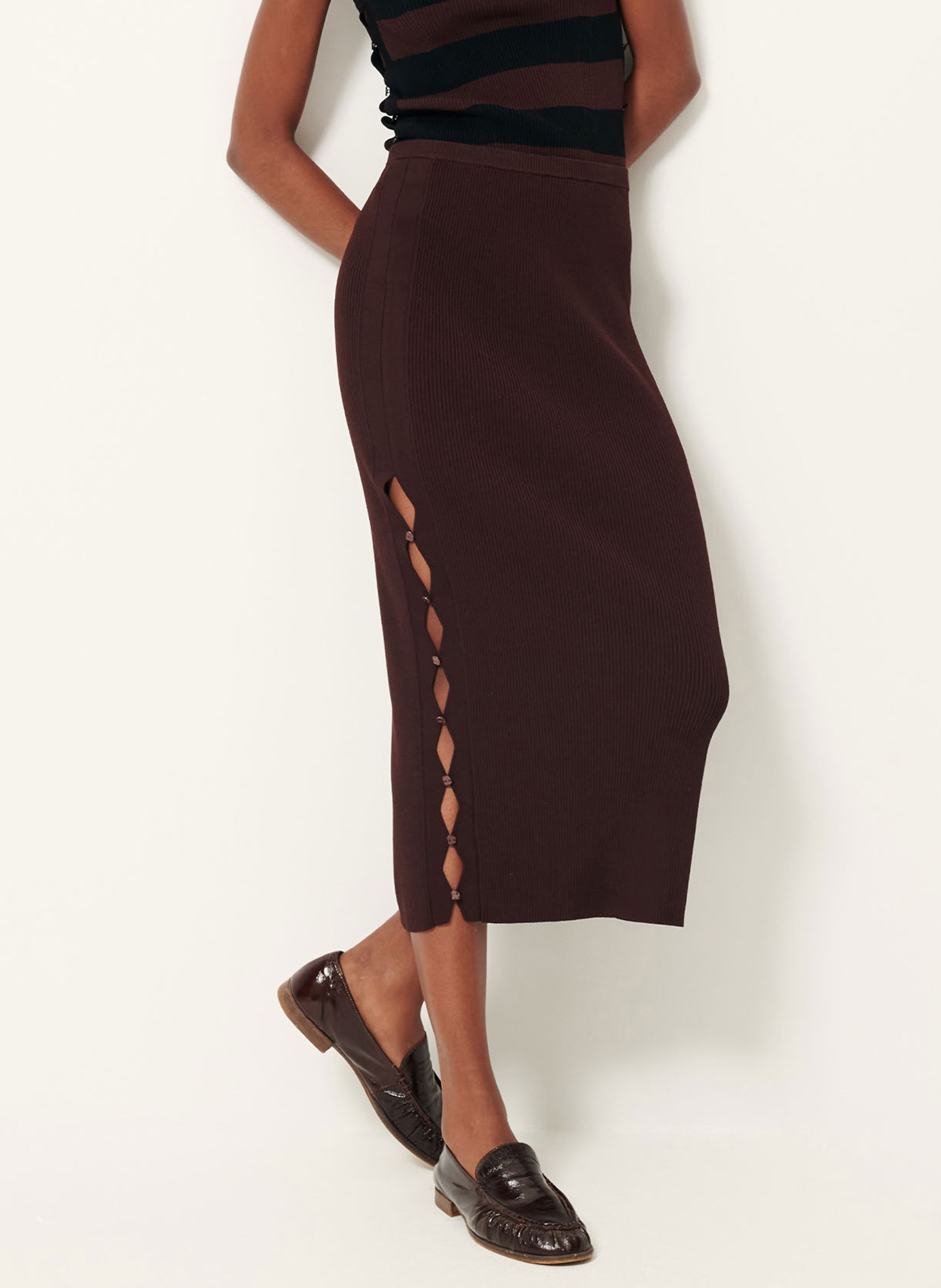 Jupe midi ajustée en maille unie sue SESSUN Marron