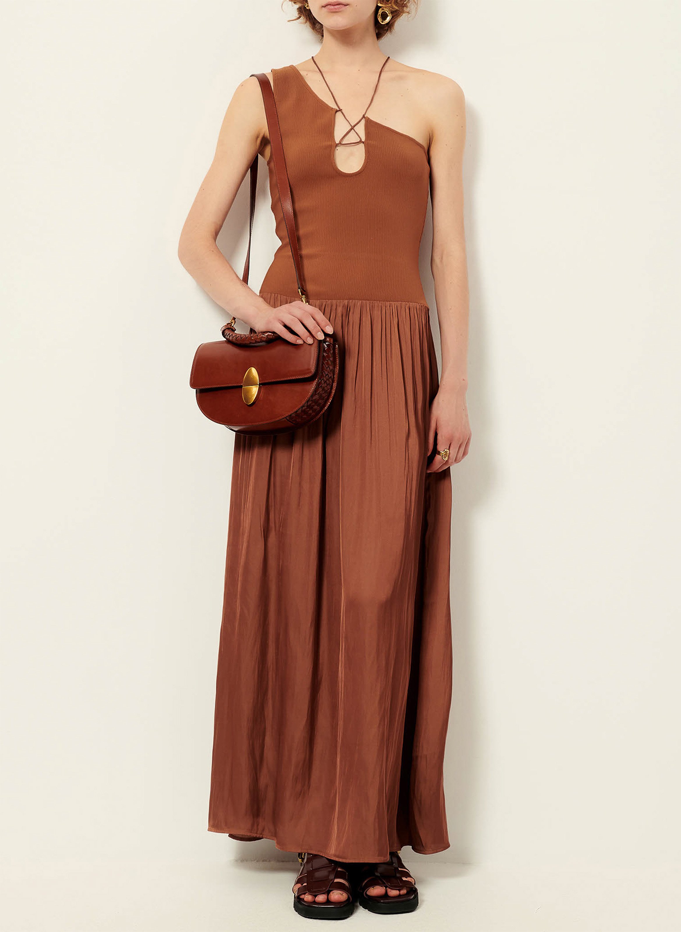 Robe longue asymétrique en jersey fin côtelé mambossa SESSUN Marron